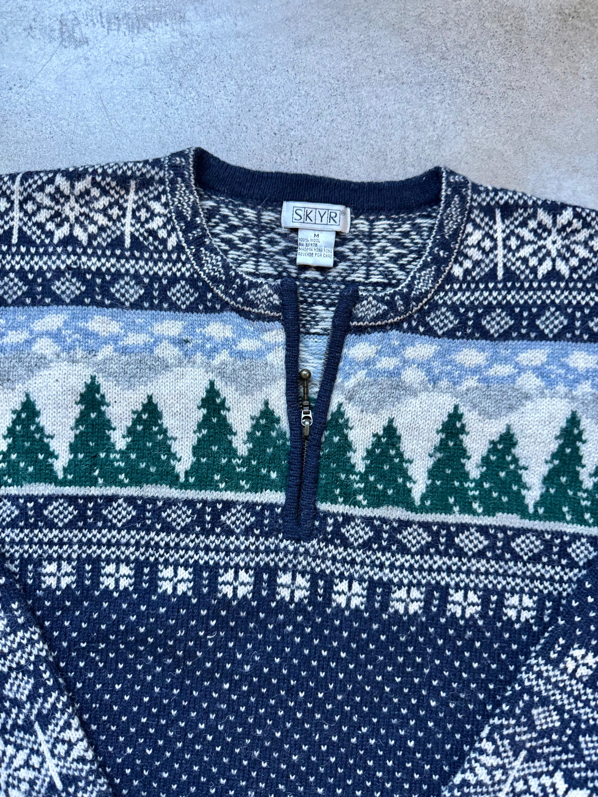 Vintage 1990s SKYR Winter Pine Tree Pattern Wool Knit Quarter-Zip Sweater | Medium