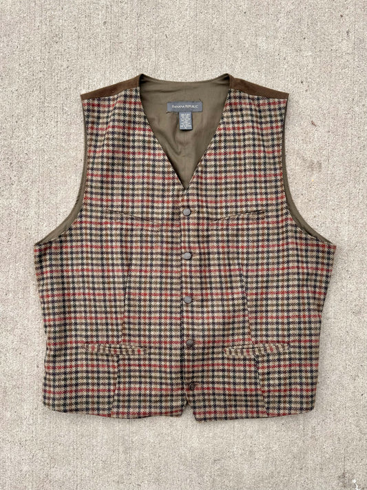 Vintage 1990s Banana Republic Brown Plaid Wool Vest | XL