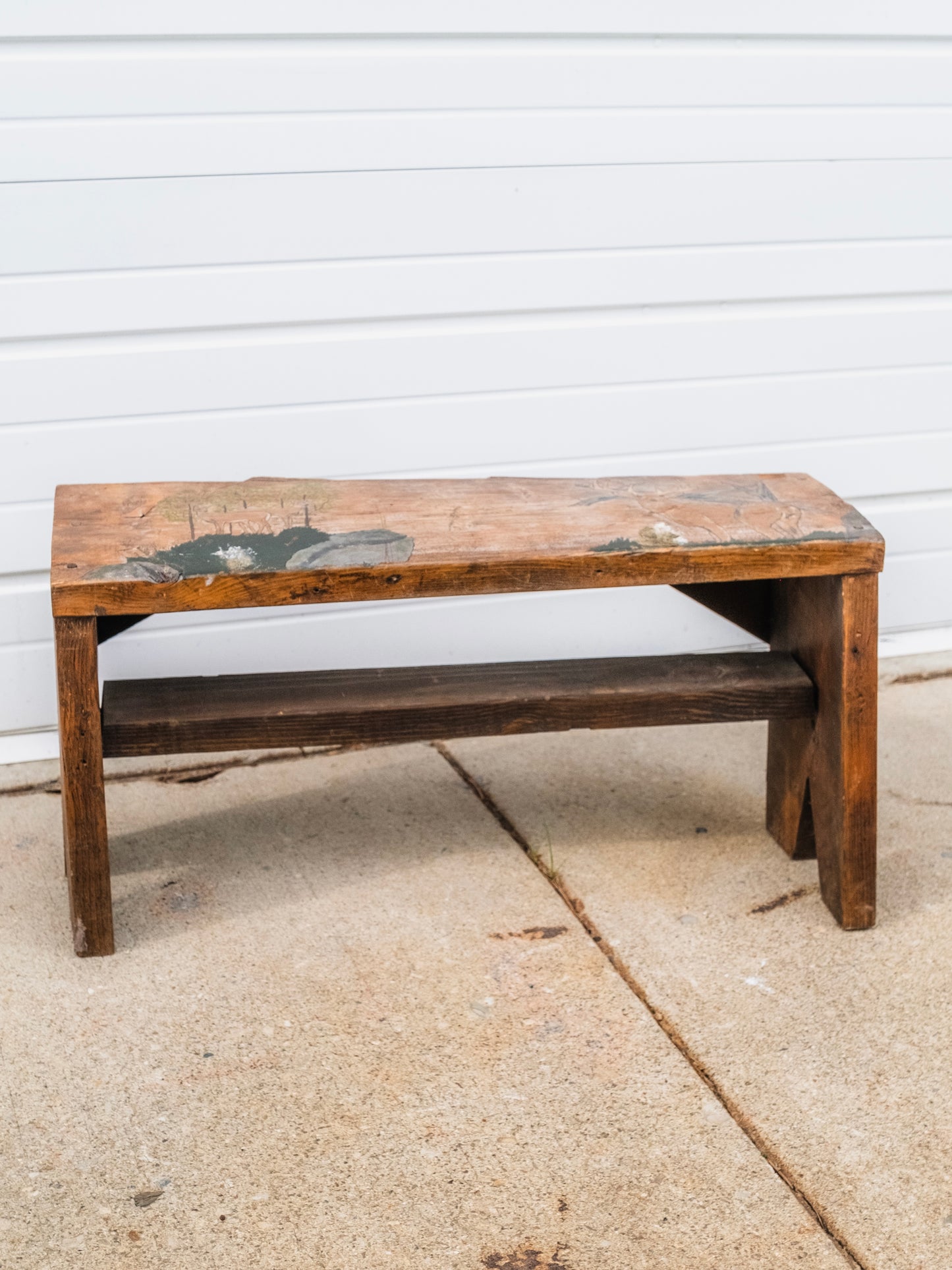 Vintage 1980s Folk Art “Deer in Woods” Painted Wood Bench