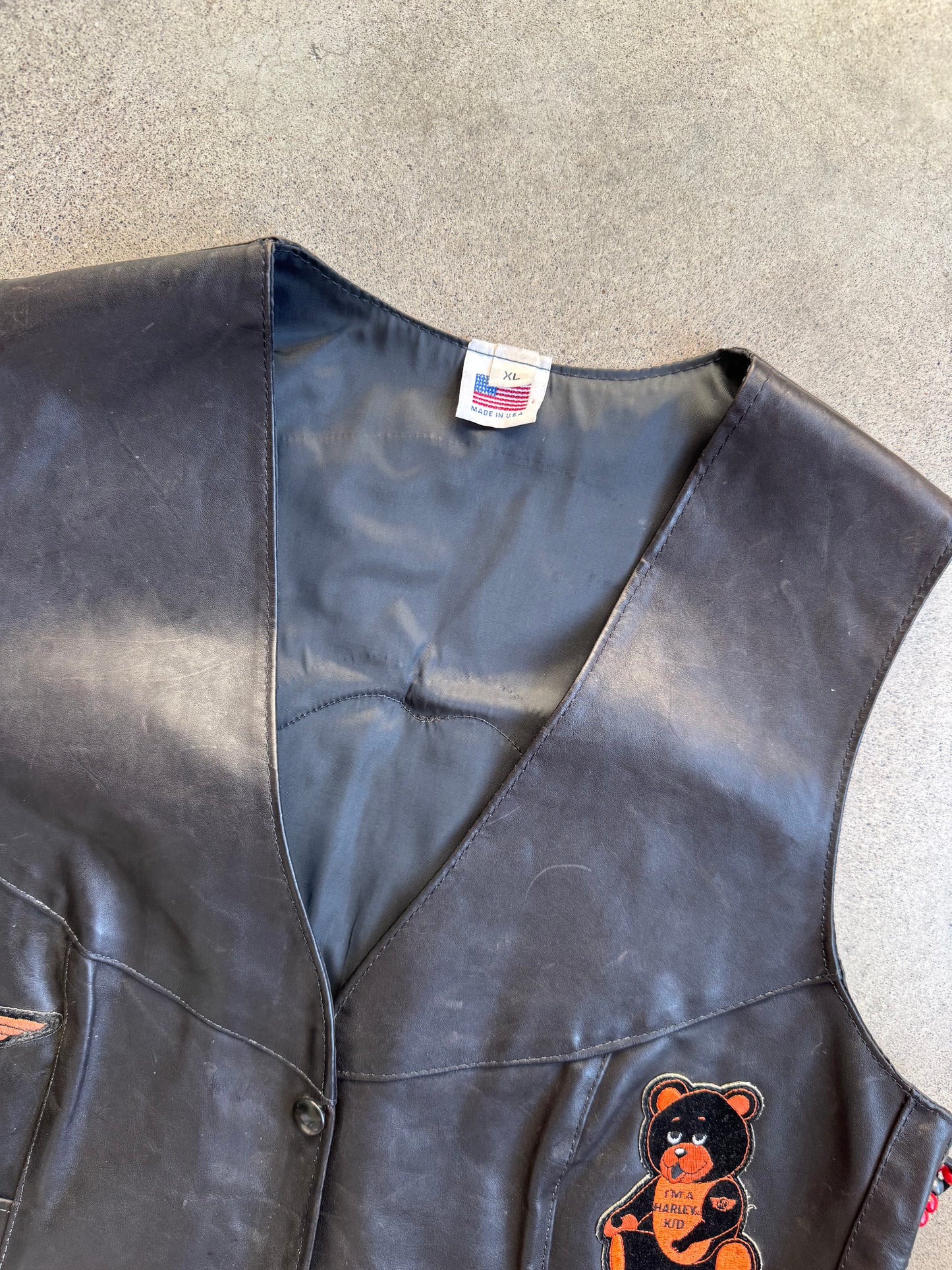 Vintage 1970s Black Leather Beaded Lace-Up Harley Patched Vest | XL