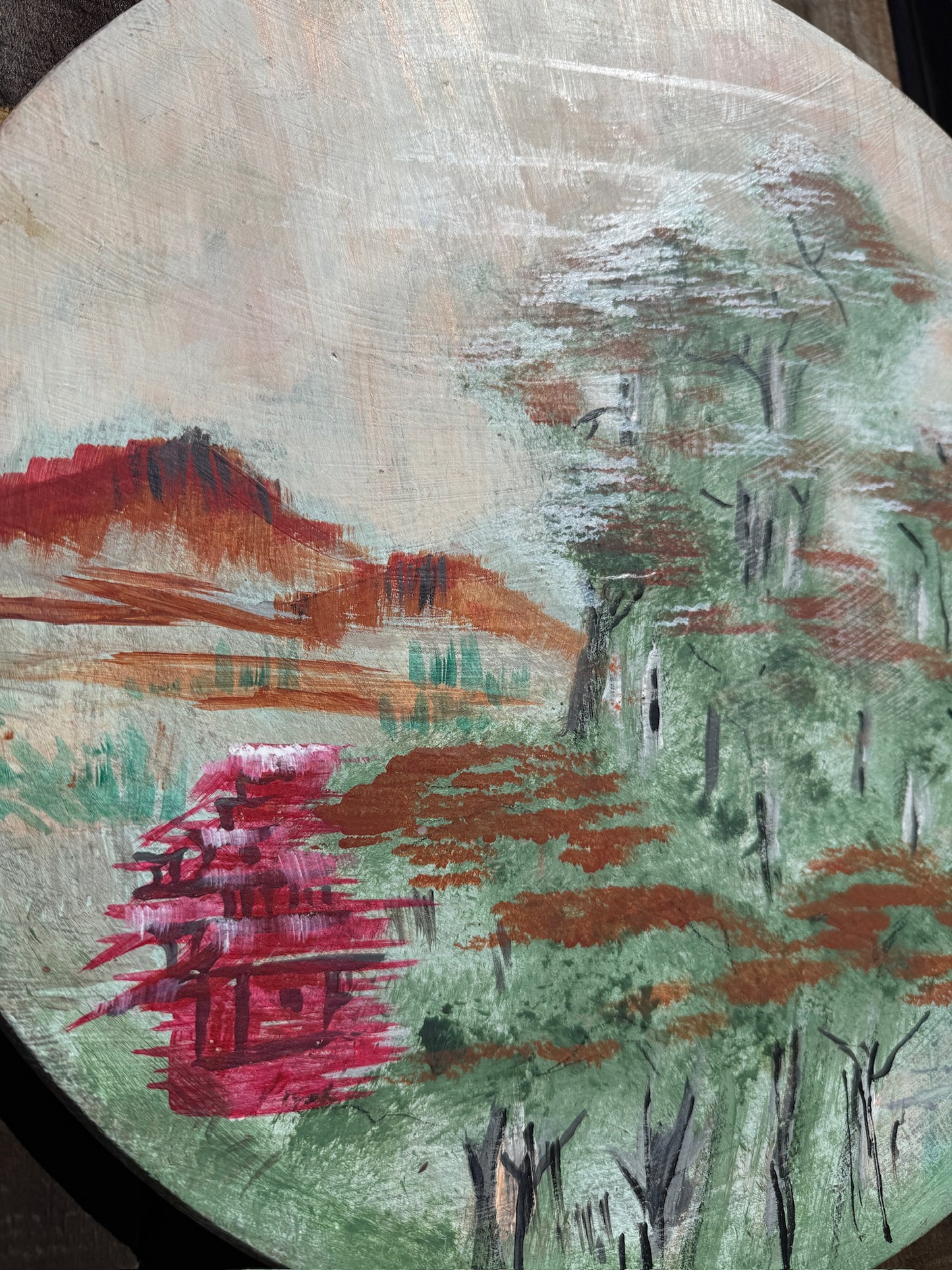 Vintage 1970s Round Asian Landscape Painting on Board