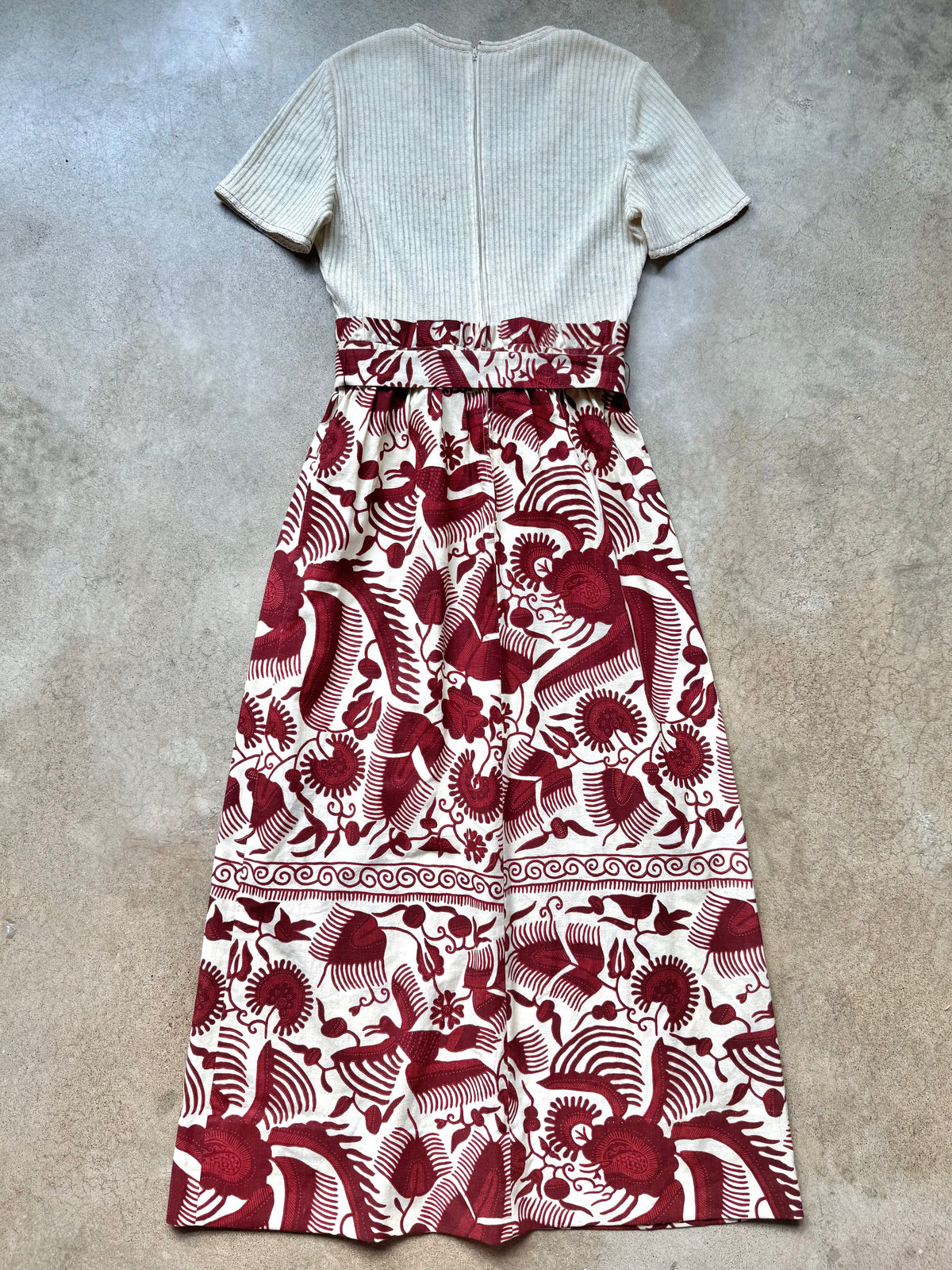 Vintage 1970s Leslie Fay Knit Bodice Two-Tone Bohemian Printed Maxi Dress | Small