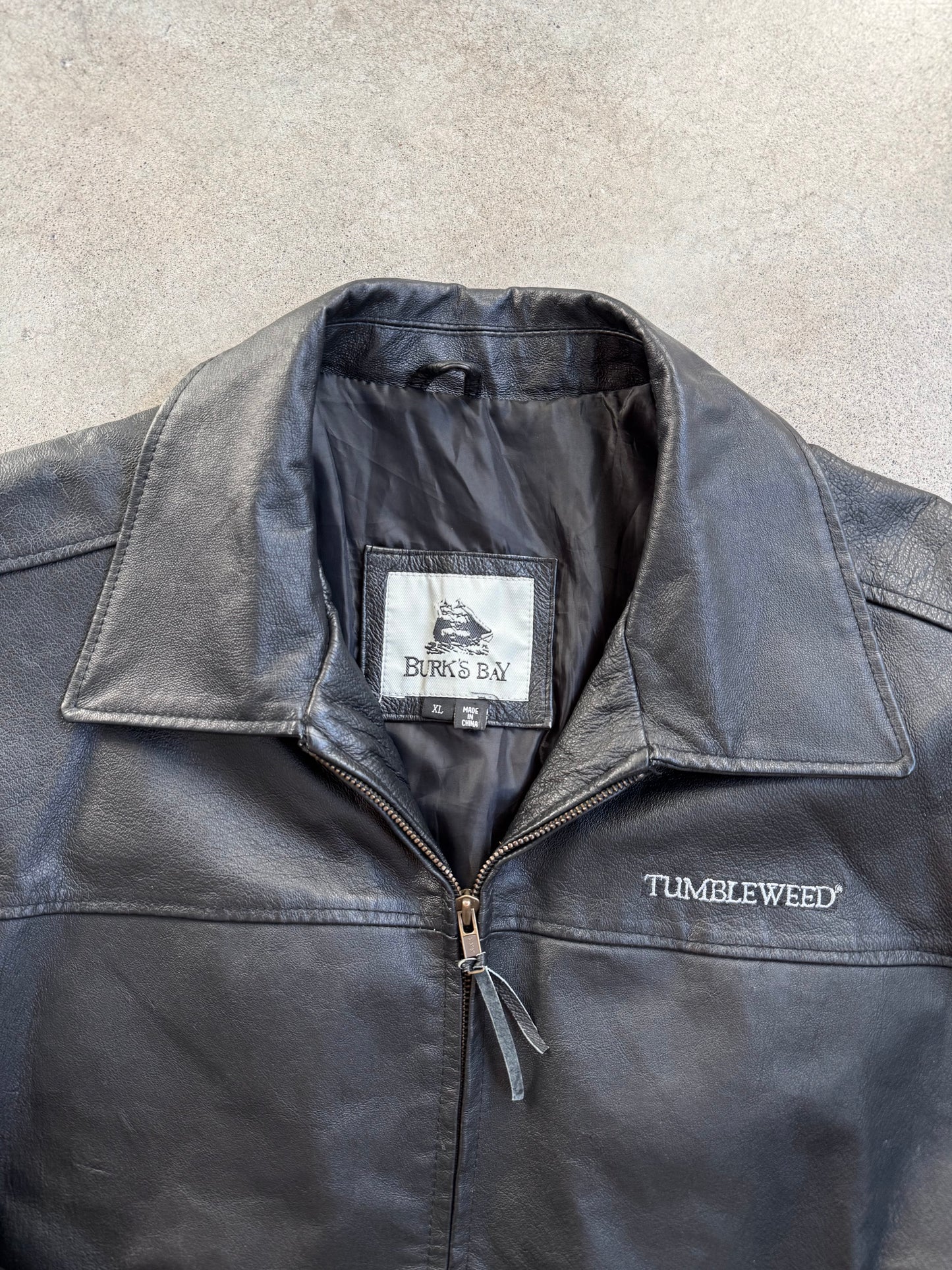 Vintage 1990s Burk’s Bay Tumbleweed Black Leather Zip-Up Jacket | XL