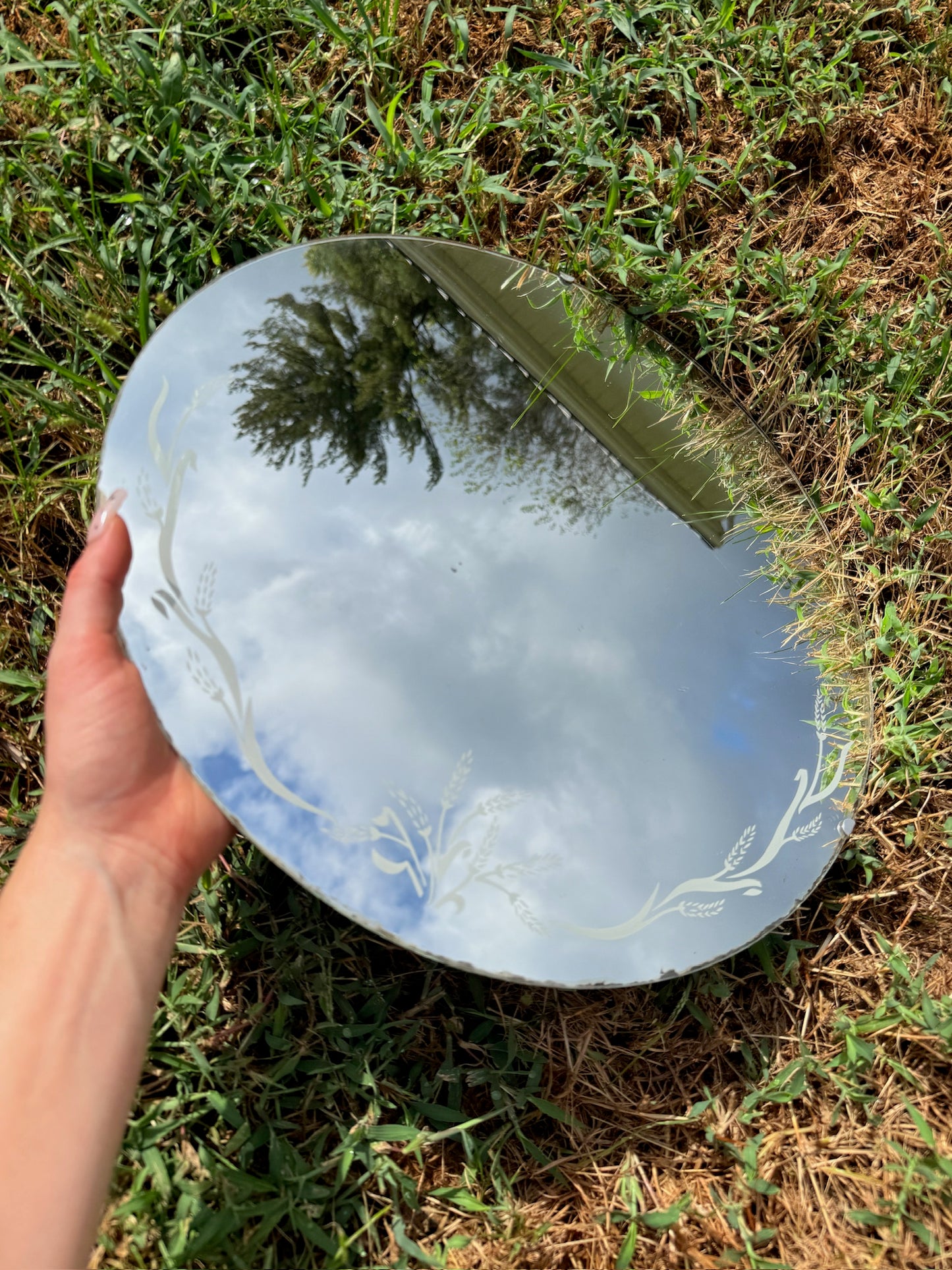 Vintage 1940s Round Floral Printed Mirror