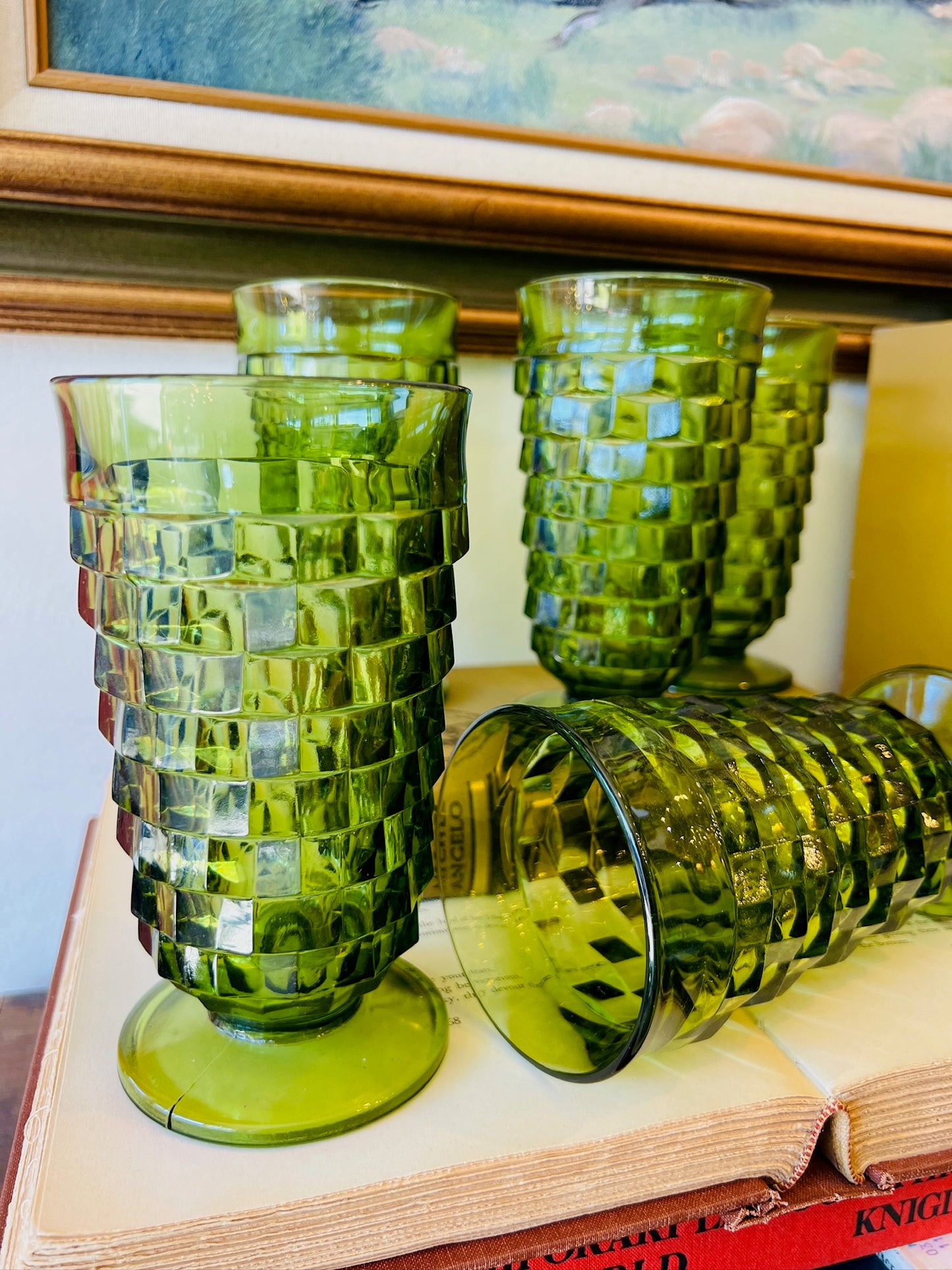 Vintage 1960s Fostoria Green Cubist Footed Glasses | Set of 6