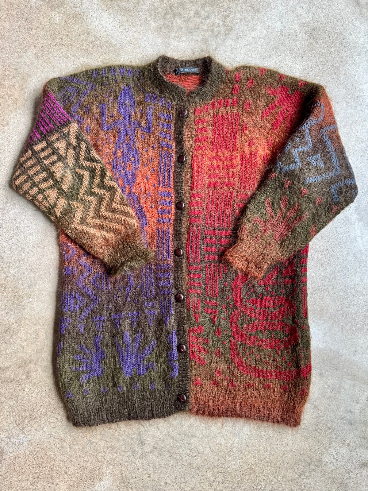 Vintage Constance Davis Geometric Multi-Pattern Mohair Cardigan | Large