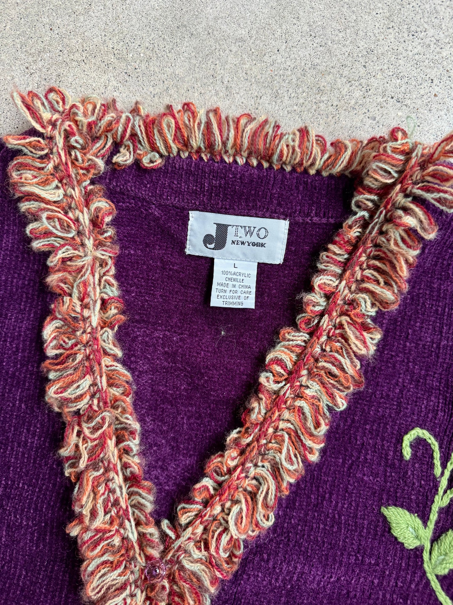 Vintage 1990s J-Two Purple Chenille Knit Floral Embroidered Cardigan | Large