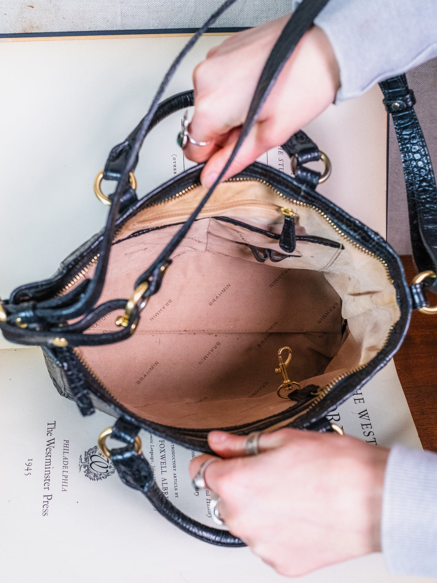 Brahmin Mini Arno Tote Black Croc Embossed Leather Bag