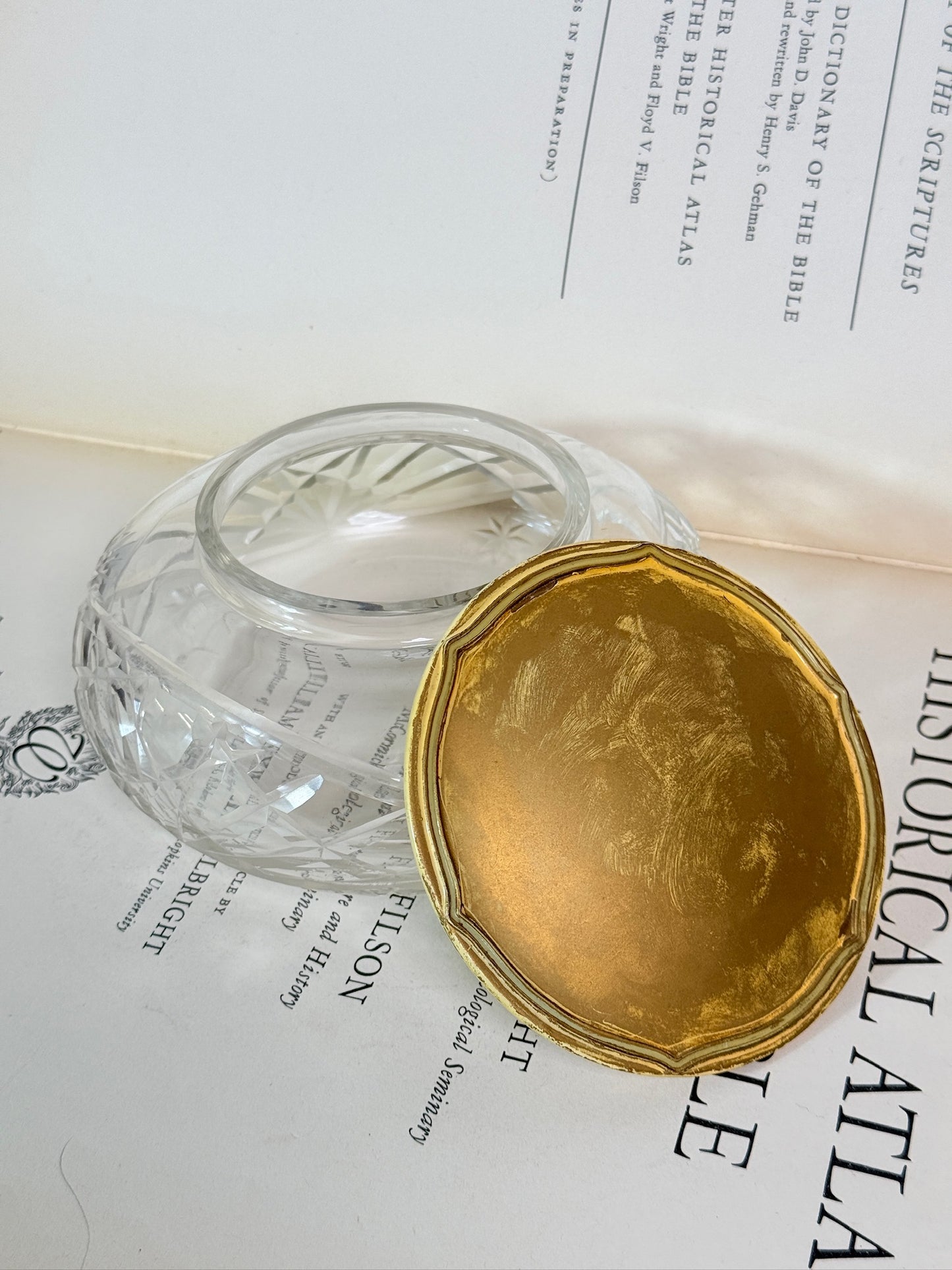 Antique 1920s Cut Crystal & Brass Lid Vanity Jar