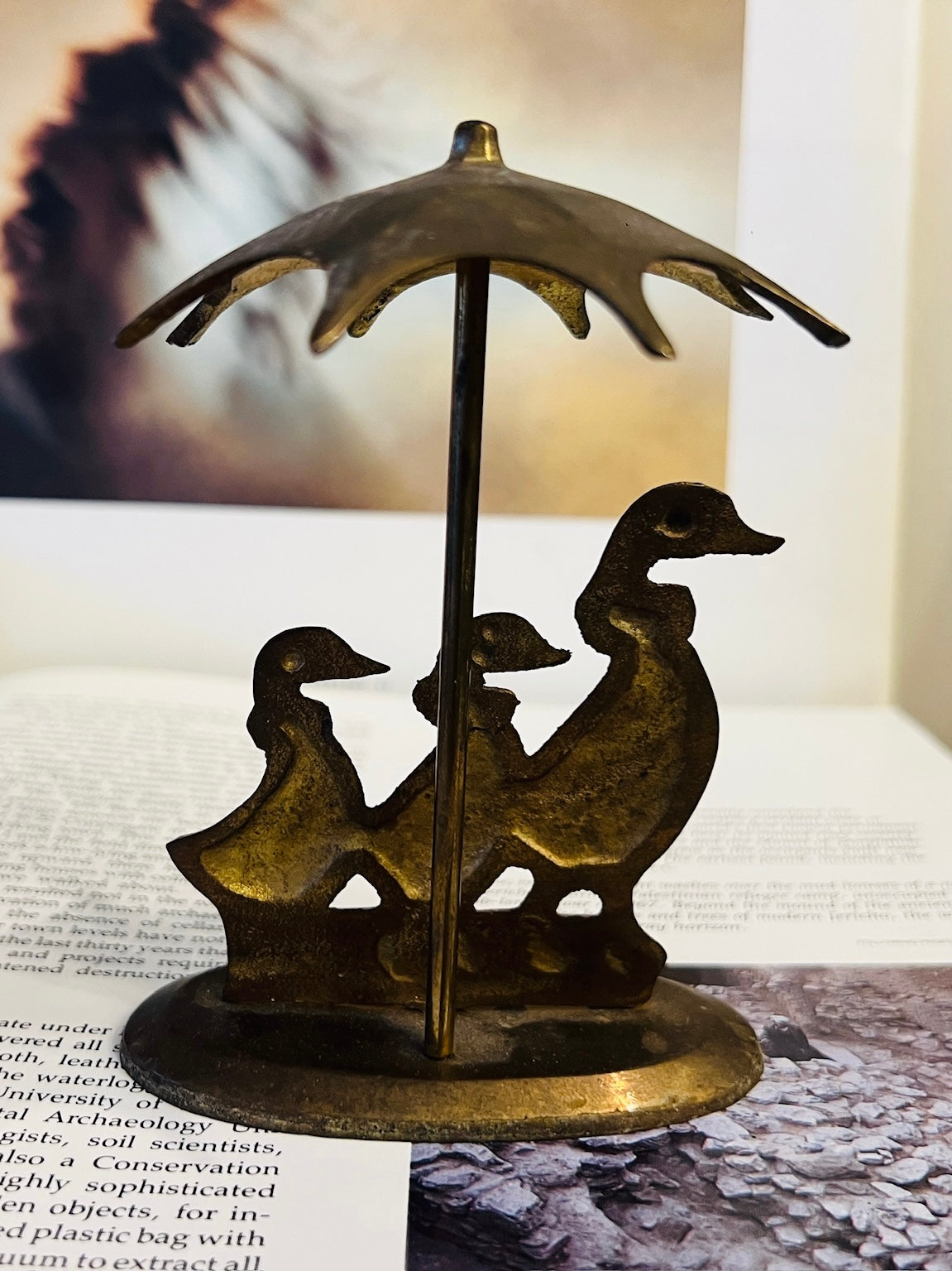 Vintage MCM Brass Ducks Under Umbrella Mini Statue