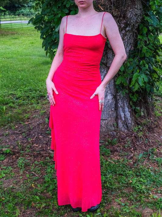Vintage 1990s City Triangles Pink Sparkle Ruched Full-Length Formal Dress | Small