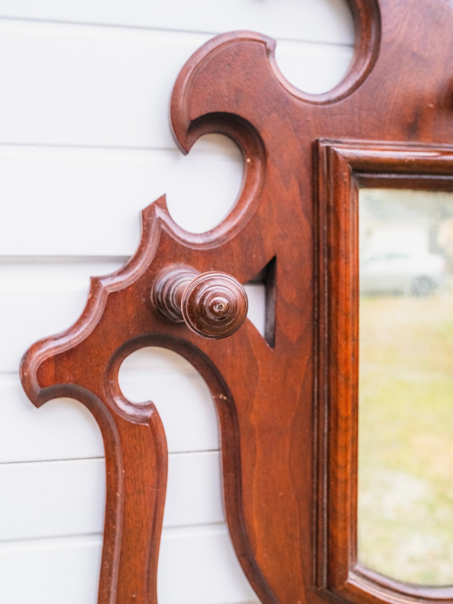 Antique 1800s Victorian Gothic Revival Walnut Hanging Mirror Hat Rack