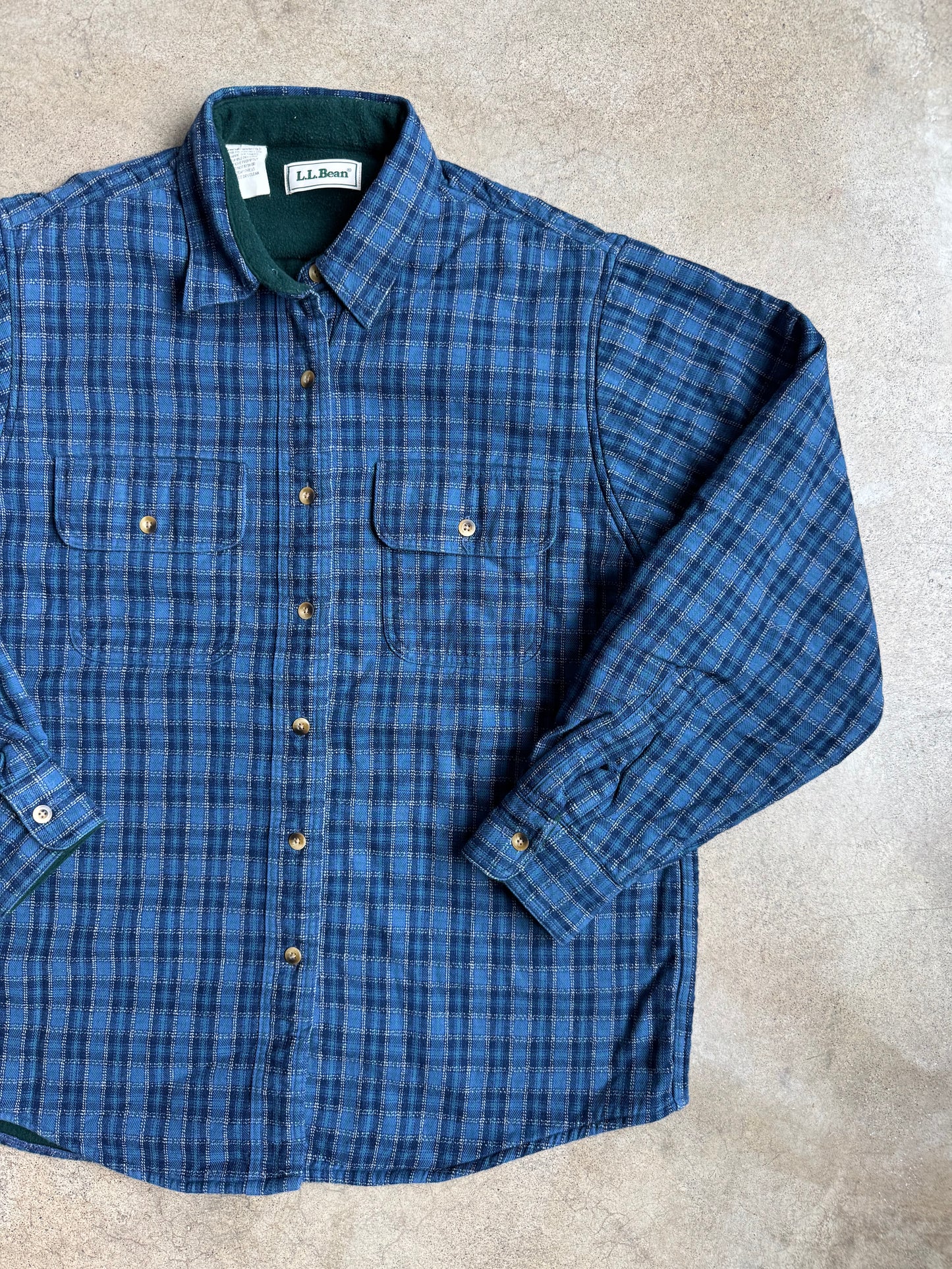 Vintage 1990s L.L. Bean Blue Plaid Fleece Lined Flannel Shirt | Medium