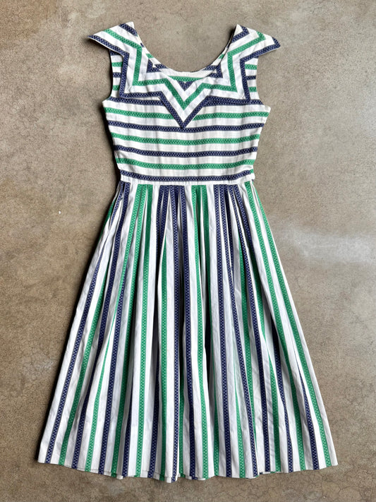 Vintage 1940s/50s Navy & Green Stripe Pointed Collar Pleated Dress | XS