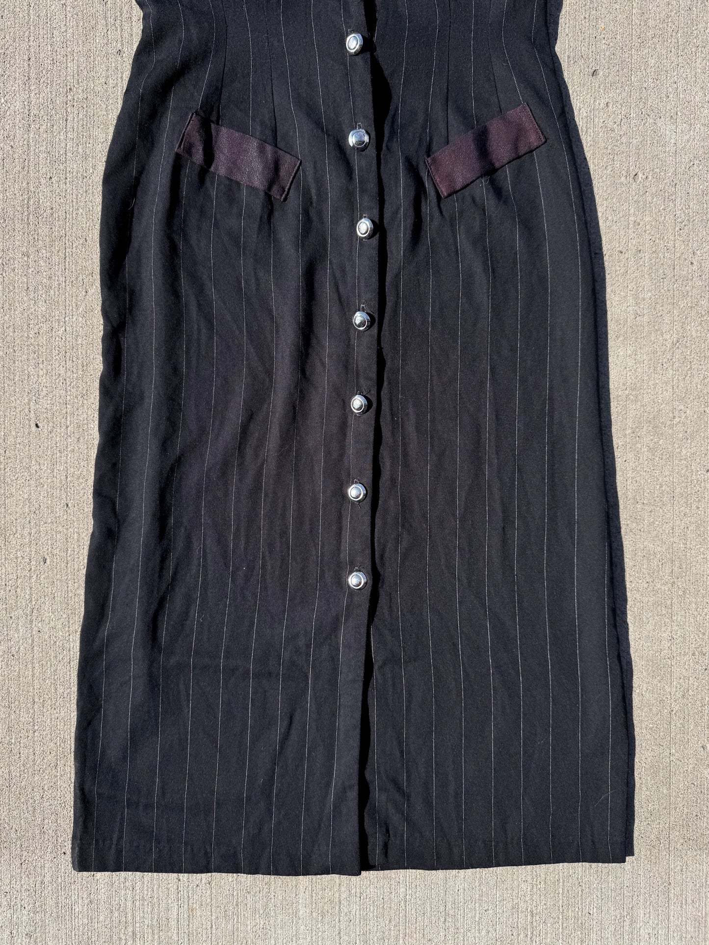 Vintage 1980s Ms. Choice Black Pinstripe Sleeveless Suit Dress | Medium