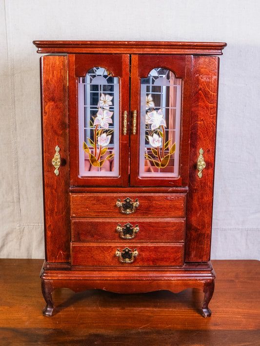 Vintage Floral Glass Door Wooden Jewelry Armoire