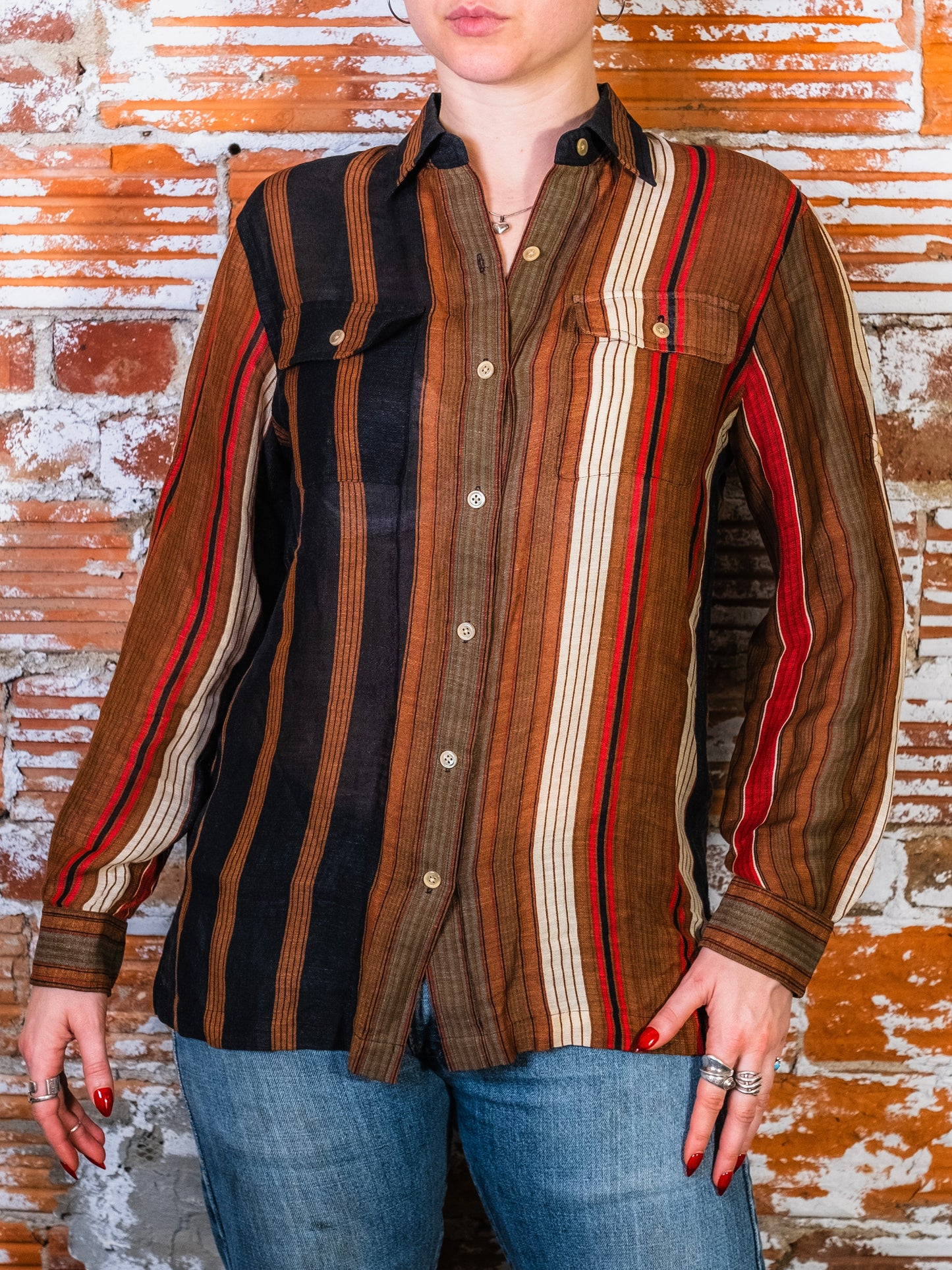 Vintage 1990s Lauren Ralph Lauren Striped Silk & Linen Buttoned Shirt | Small