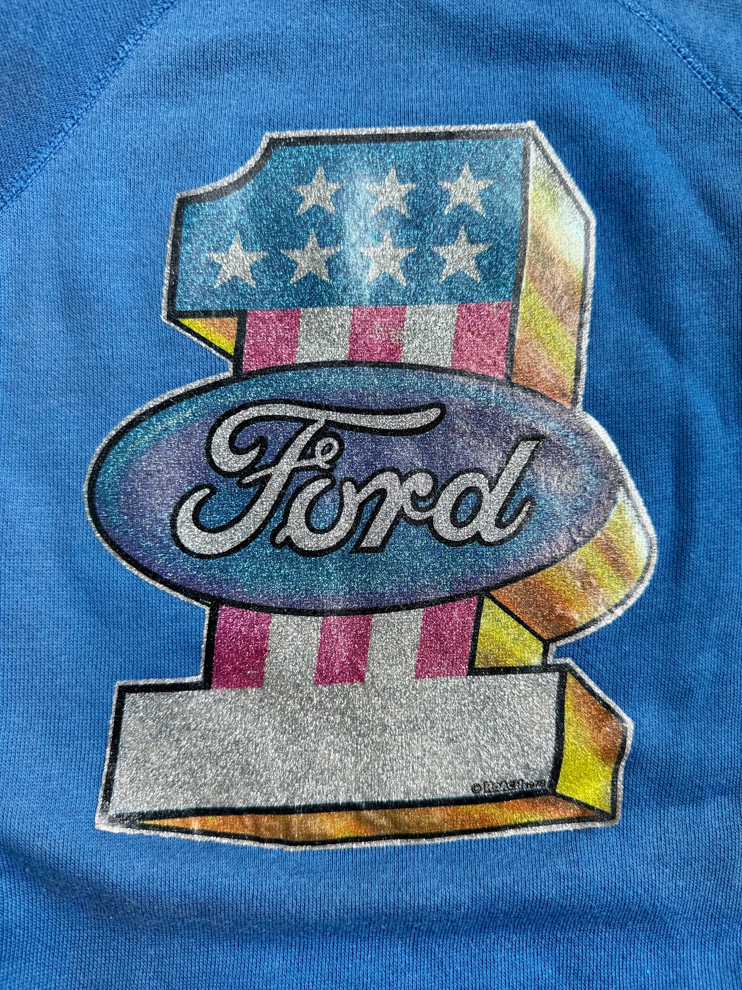 Vintage 1978 Ford Glitter Graphic Blue Short Sleeve Sweatshirt | XL