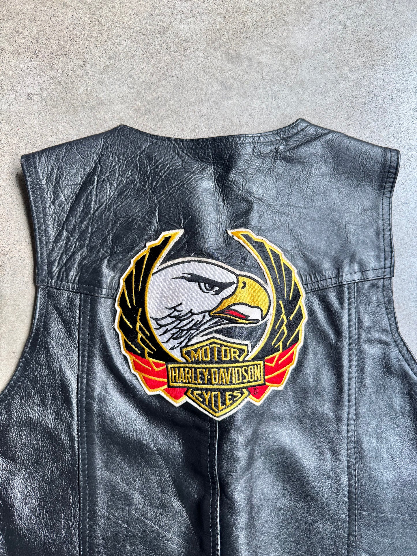 Vintage 1980s Black Leather Harley Davidson Patched Riding Vest | 46