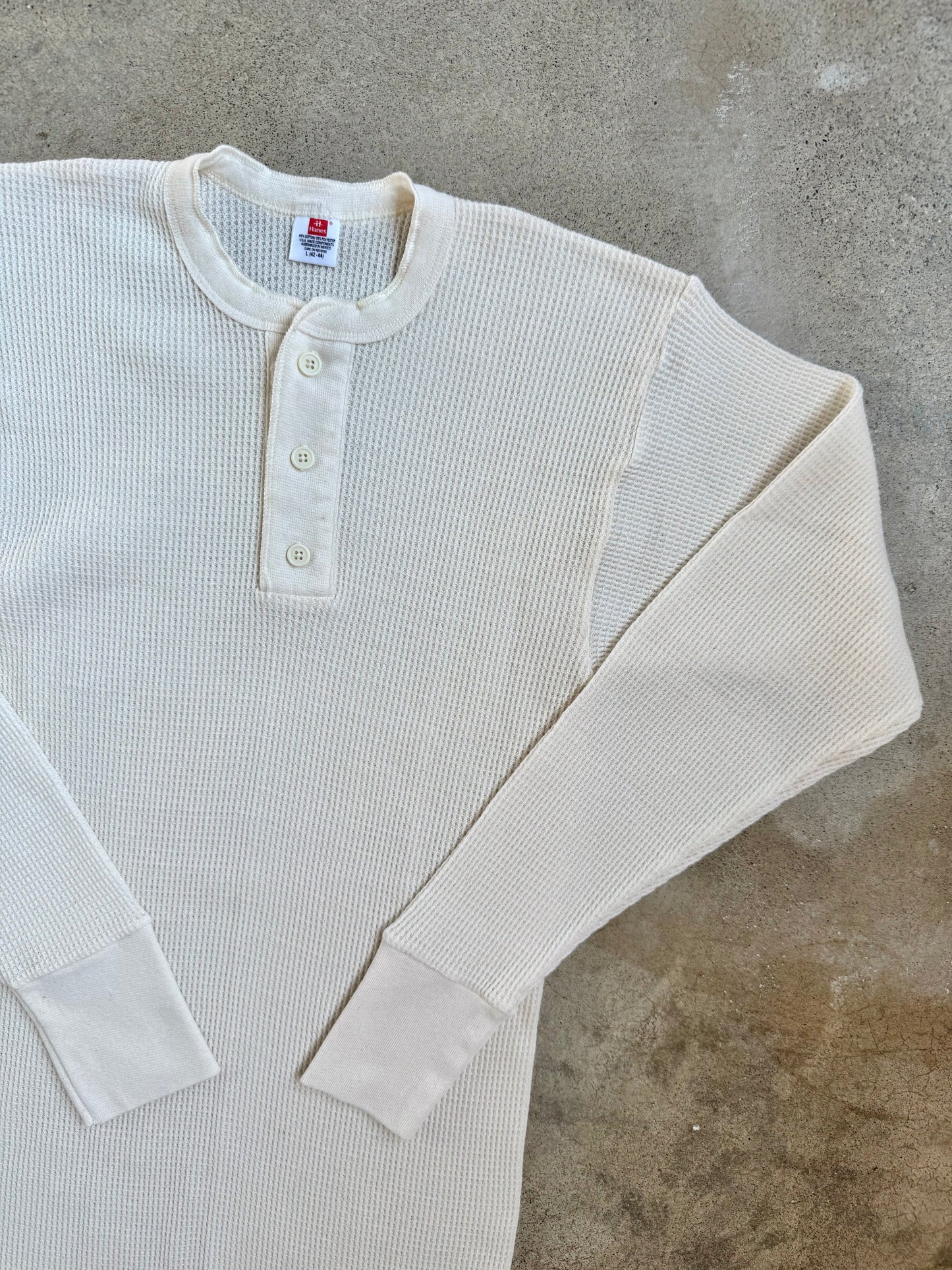 Vintage 1990s Hanes White Waffle Knit Henley Thermal | Large