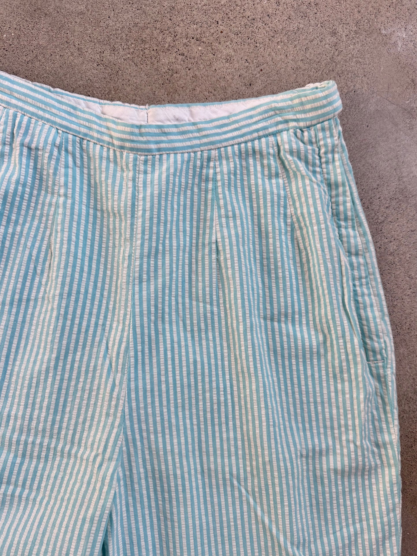 Vintage 1950s Tiger Pants Blue Seersucker Striped Shorts | Waist 26”