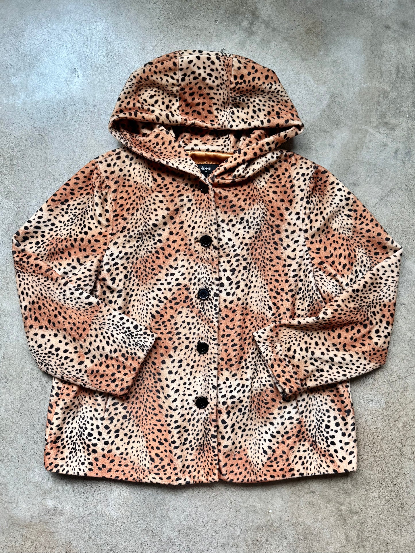 Vintage Dennis Basso Leopard Print Faux Fur Hooded Jacket | XL