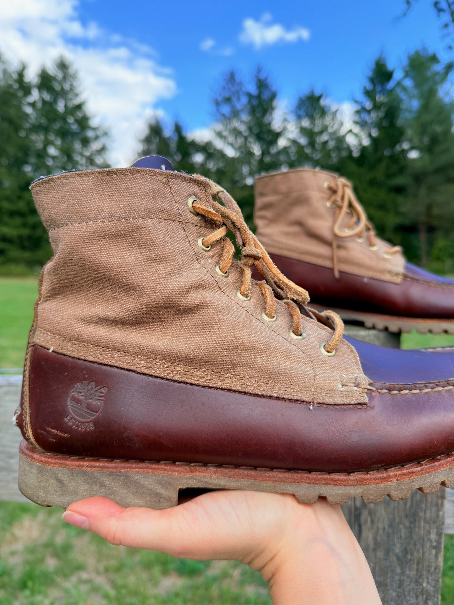 Vintage 1990s Timberland Two-Tone Brown Leather & Canvas Boots | Men’s 11.5