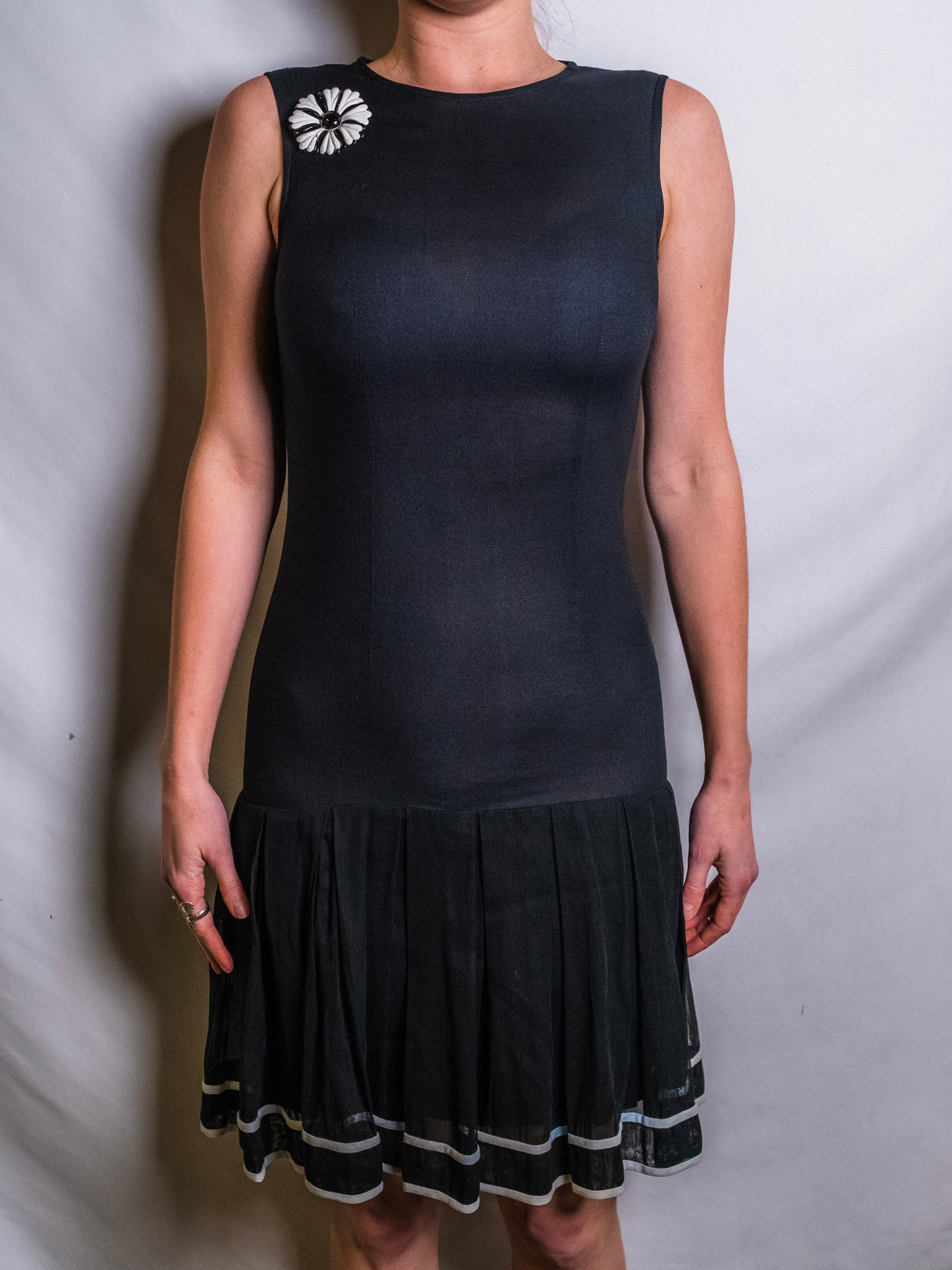 Vintage 1960s Sophisticates Black Drop Waist Pleated Dress w/ Flower Pin | XS