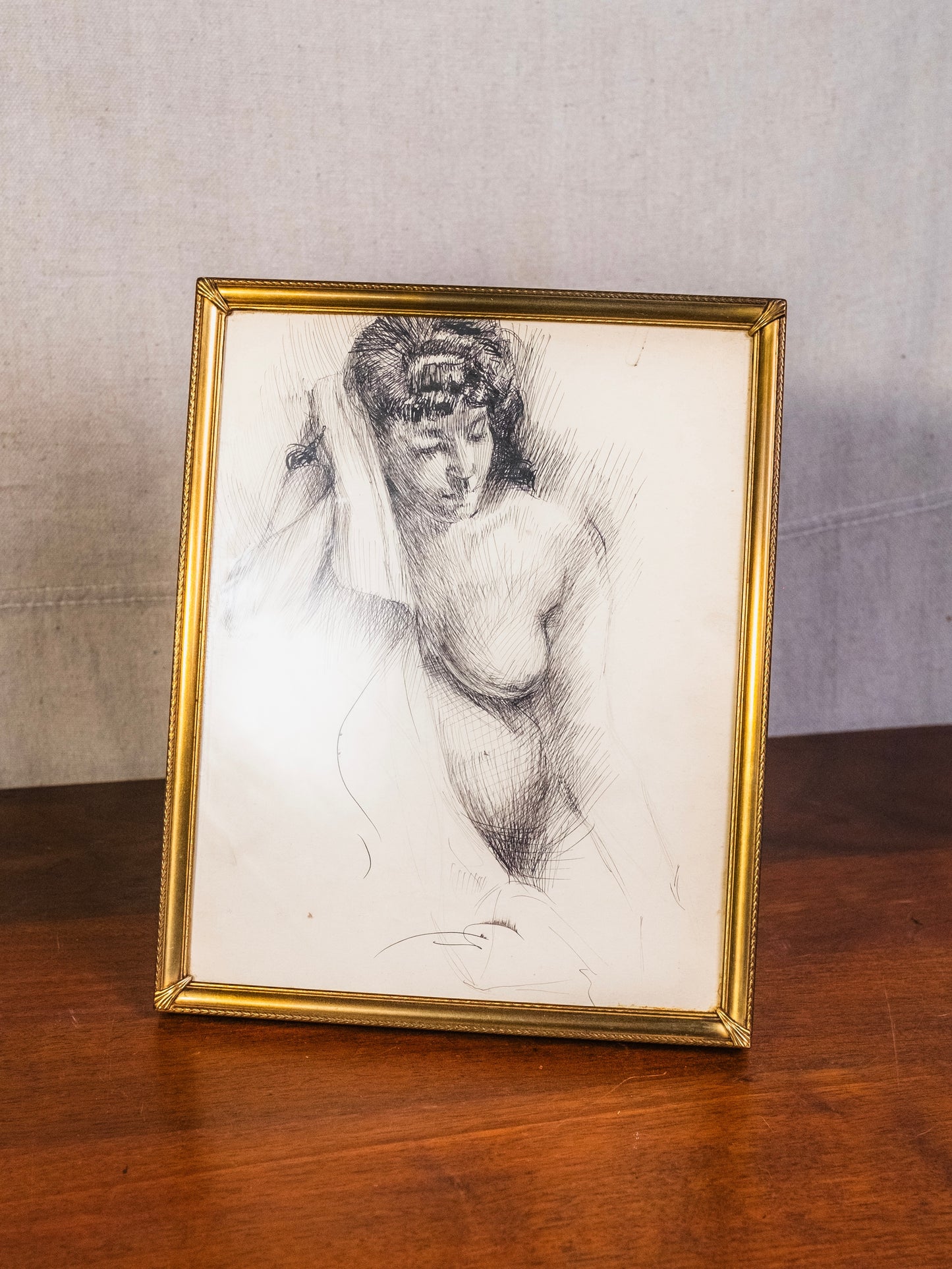 Vintage 1930s Framed "Lounging Woman" Nude Sketch Artwork