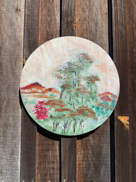 Vintage 1970s Round Asian Landscape Painting on Board
