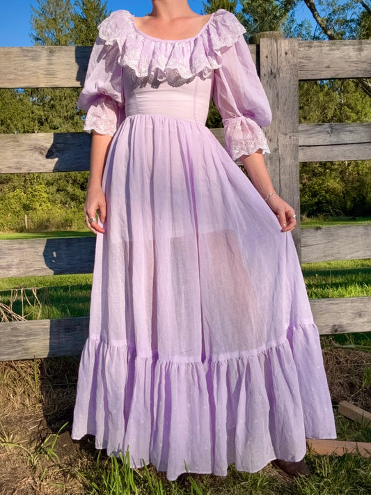 Vintage 1970s Purple Floral Eyelet Frilled Fairy Princess Maxi Dress | XS/S