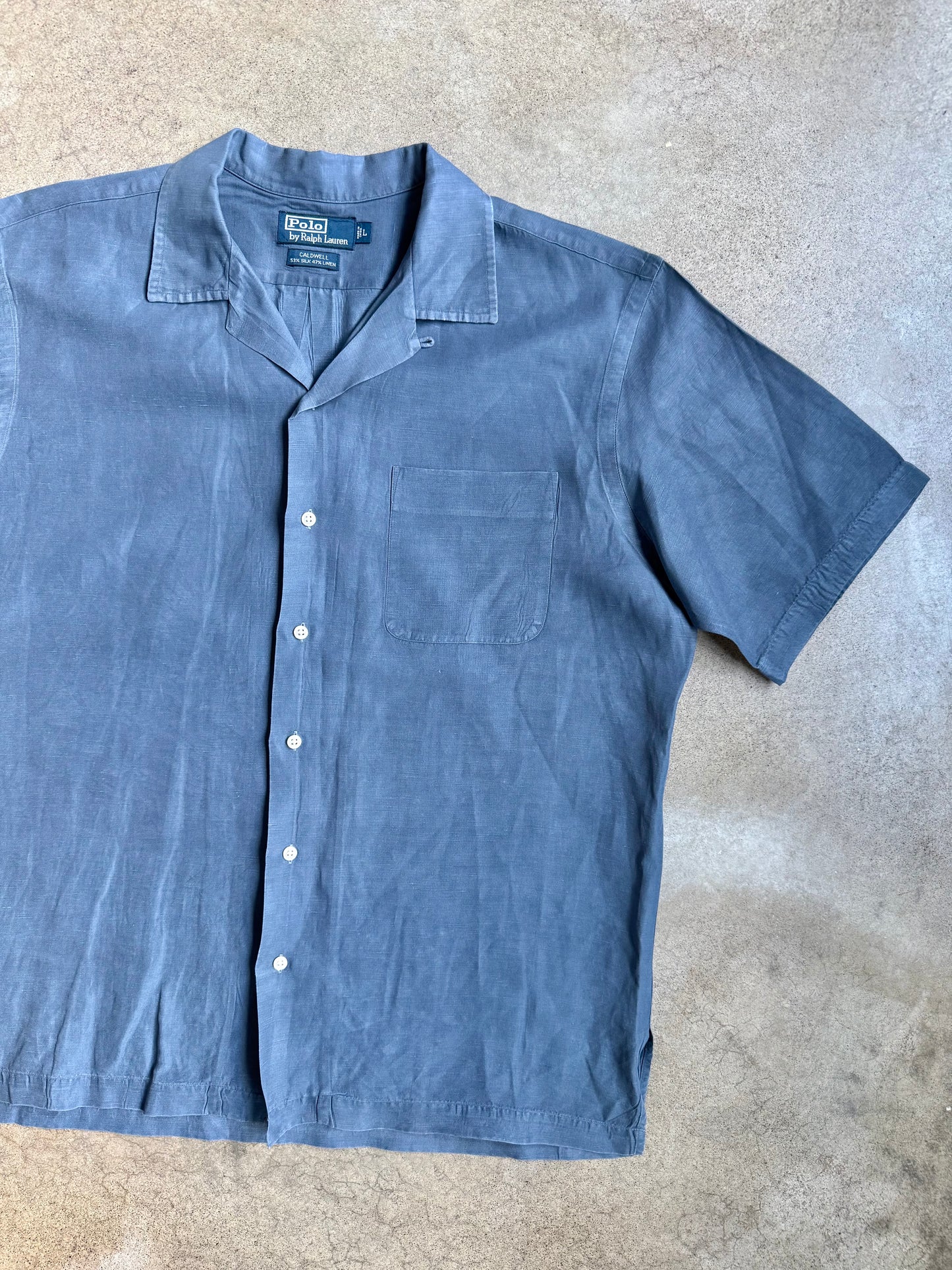 Vintage 1990s Polo Ralph Lauren Blue Linen & Silk Short Sleeve Shirt | Large