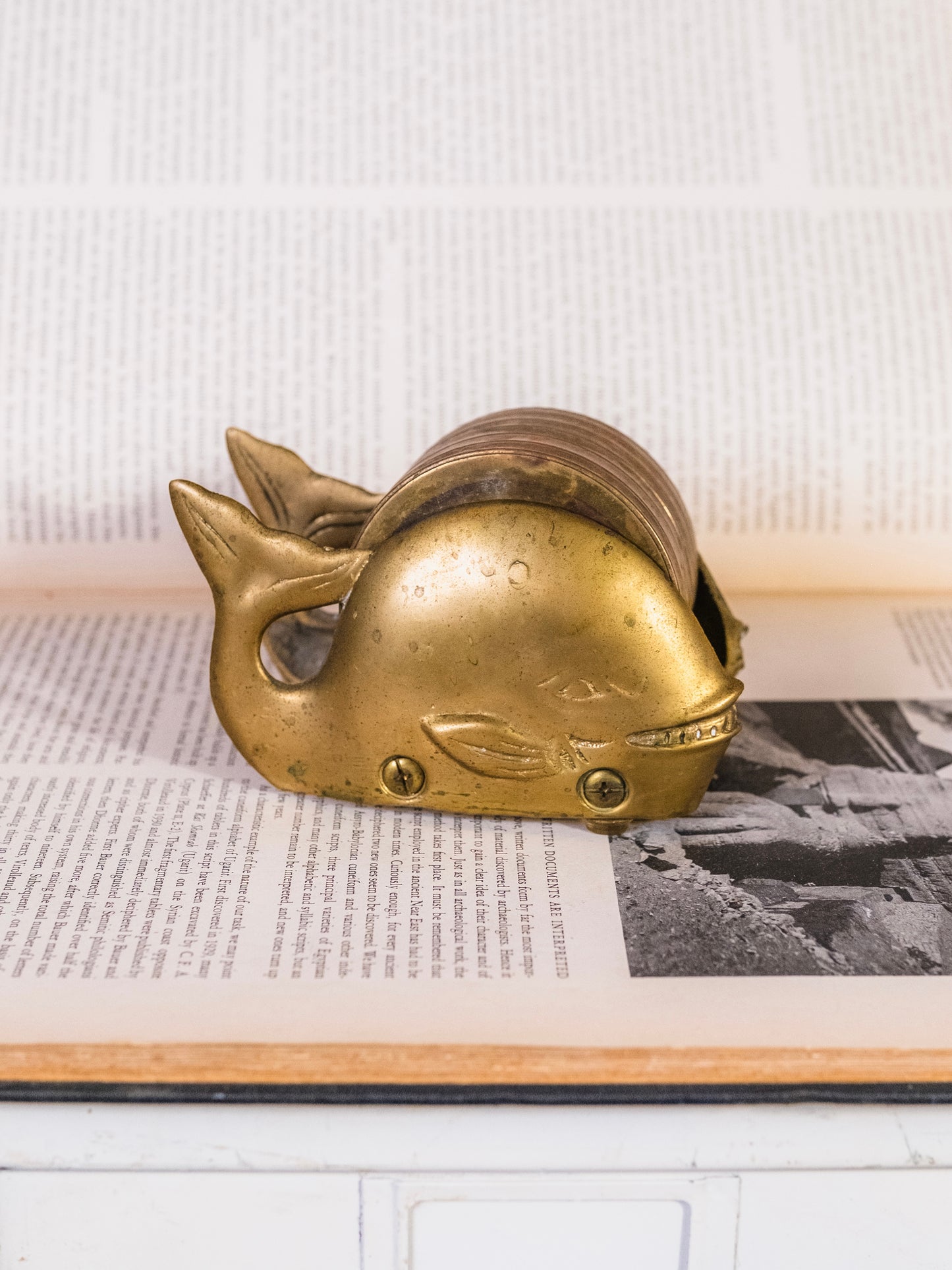 Vintage 1980s Penco Brass Whale Coaster Holder | Set of 6 Coasters