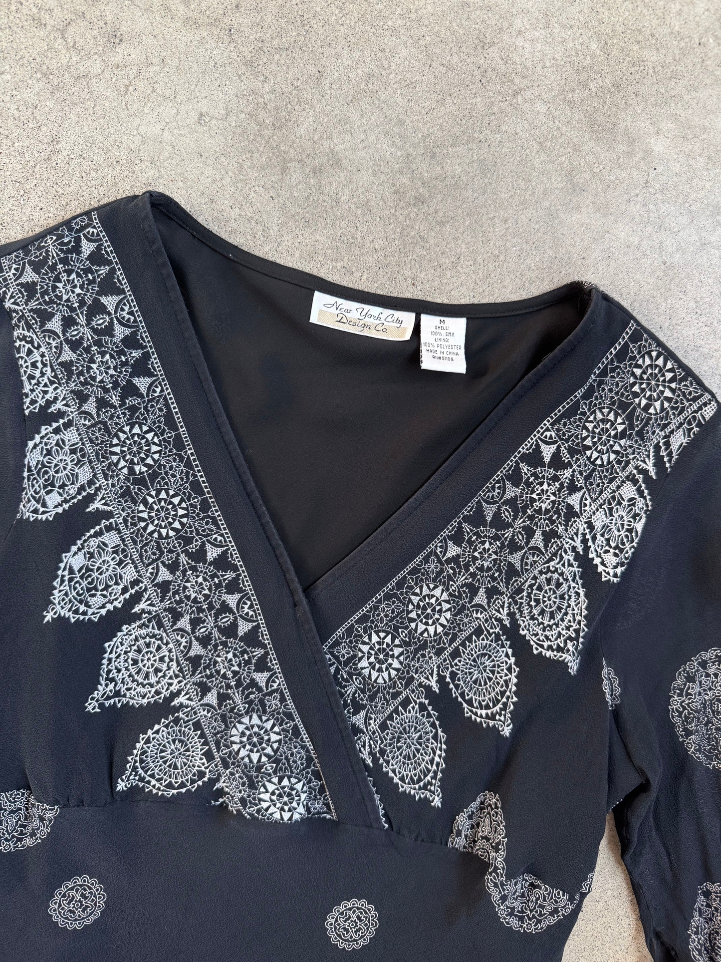 Vintage 1990s New York City Design Co. 100% Silk Black Patterned Blouse | Medium