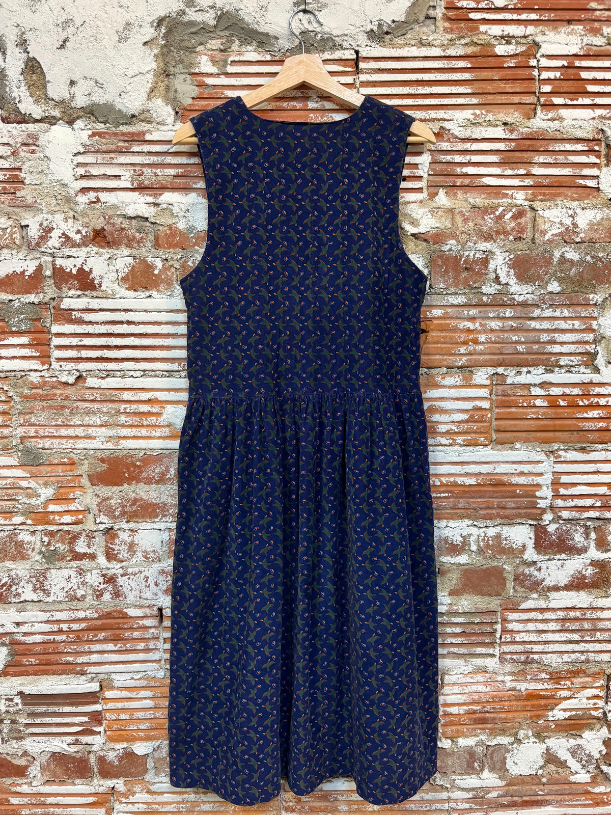 Vintage 1980s/90s Bryn Connelly Navy Duck Pattern Corduroy Pinafore Dress | Medium