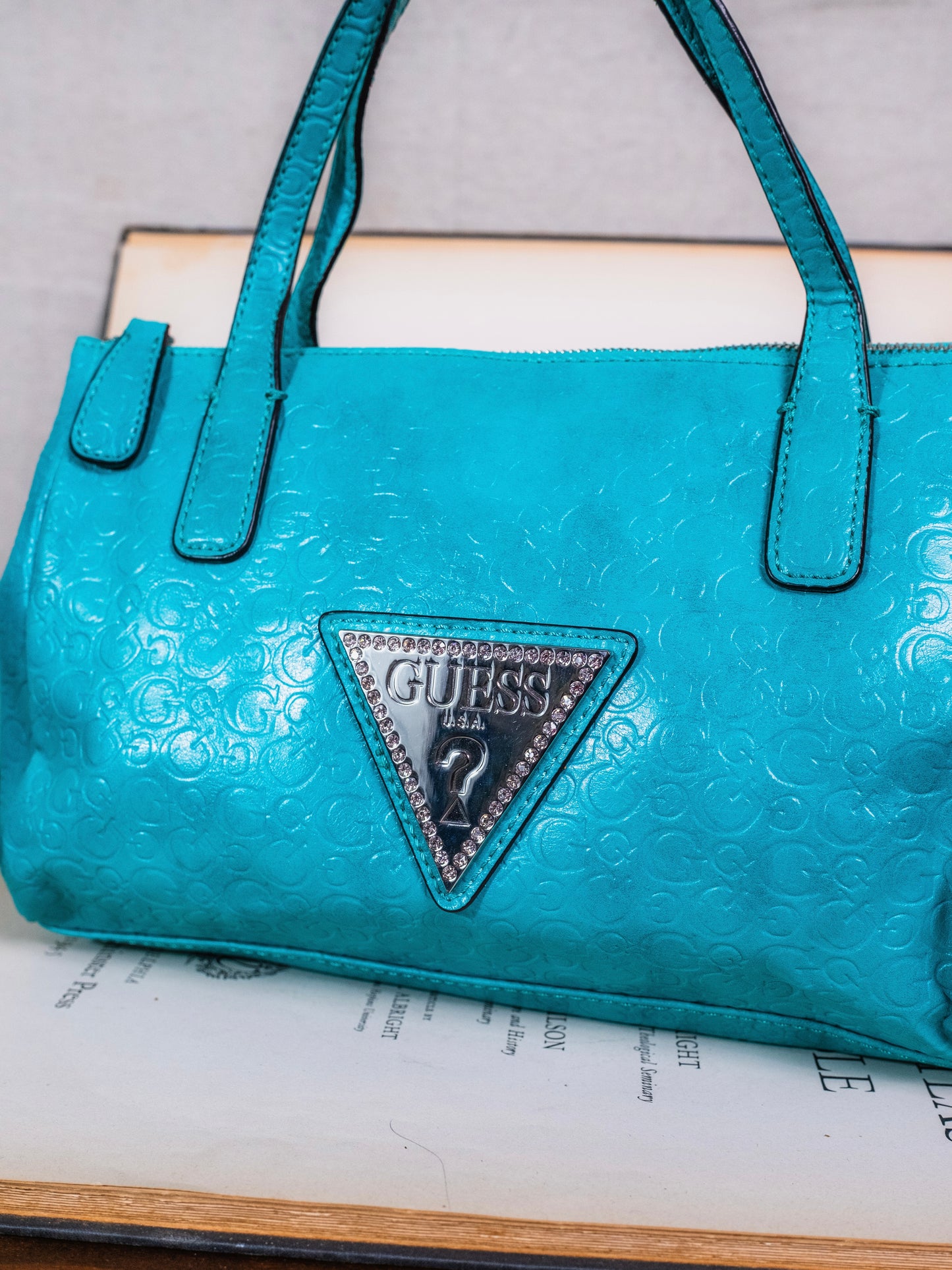 2000s Guess Turquoise Embossed Monogram Leather Top Handle Bag