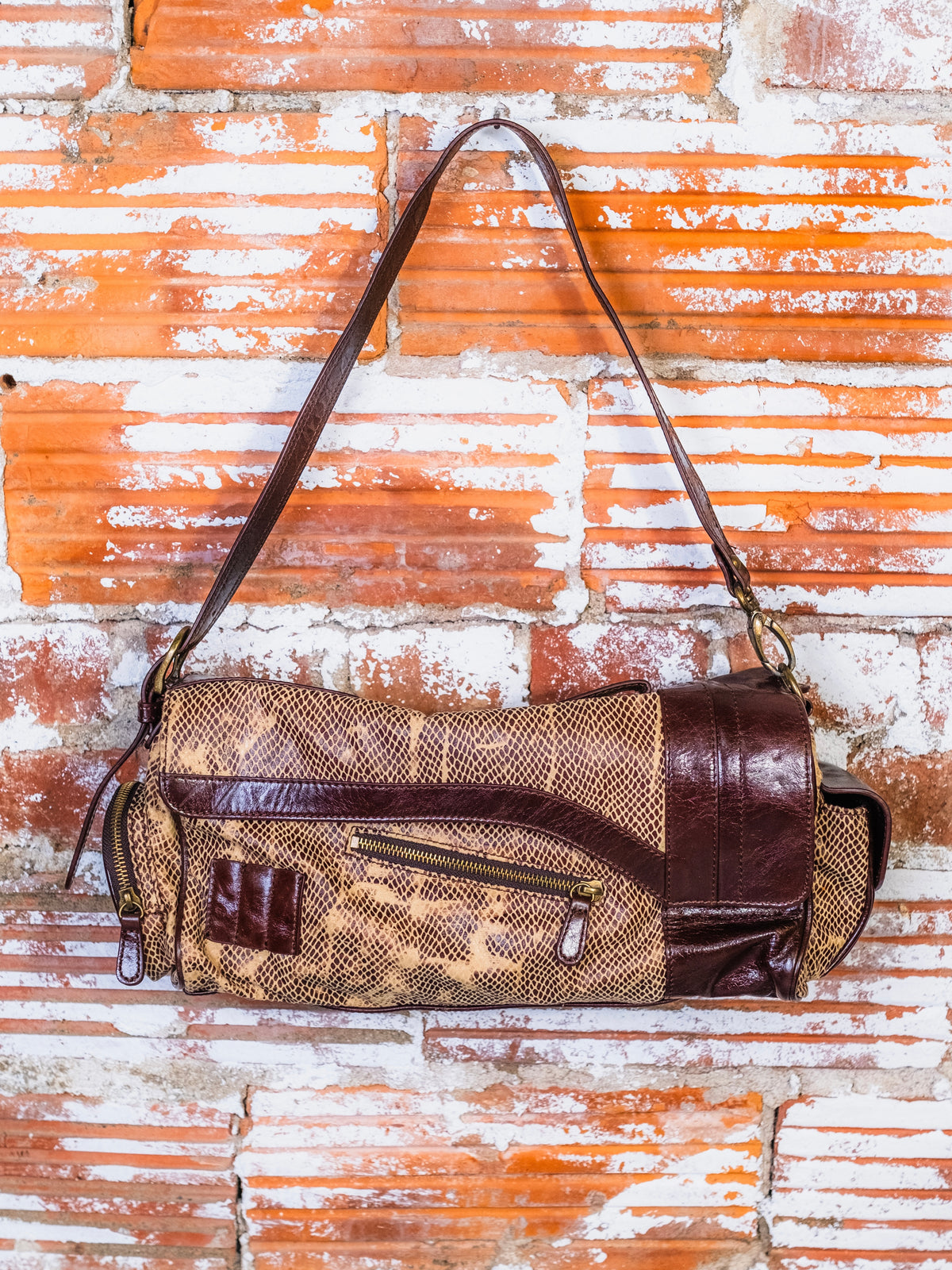 Vintage 1980s Faux Snakeskin & Leather Golf Bag Shaped Shoulder Bag