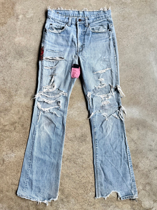 Vintage 1970s Levi’s Distressed Quilt Patched Flared Jeans | Waist 29”
