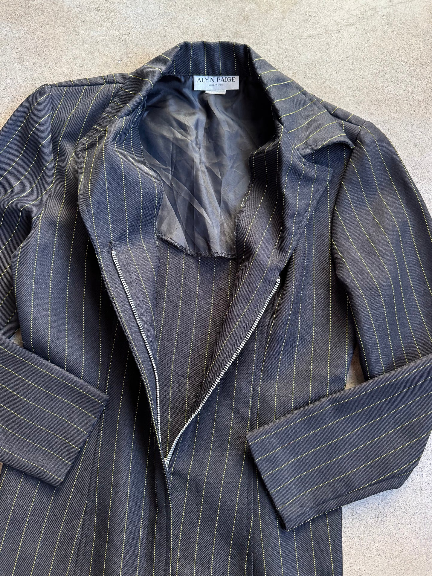 Vintage 1990s Alyn Paige Black & Green Pinstripe Zip-Up Blouse | Small