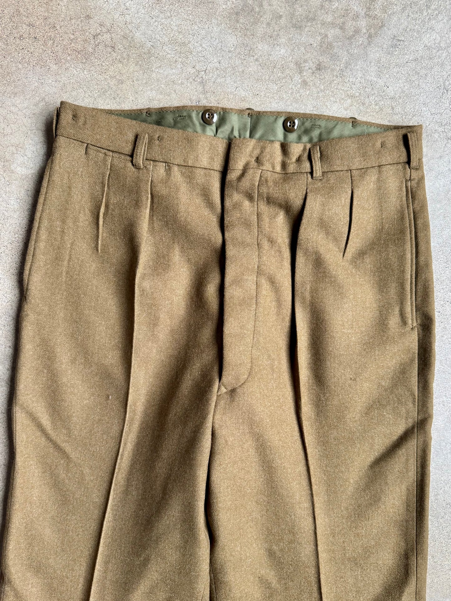 Vintage 1960s Military Issue Button Fly Pleated Wool Trousers | 35R