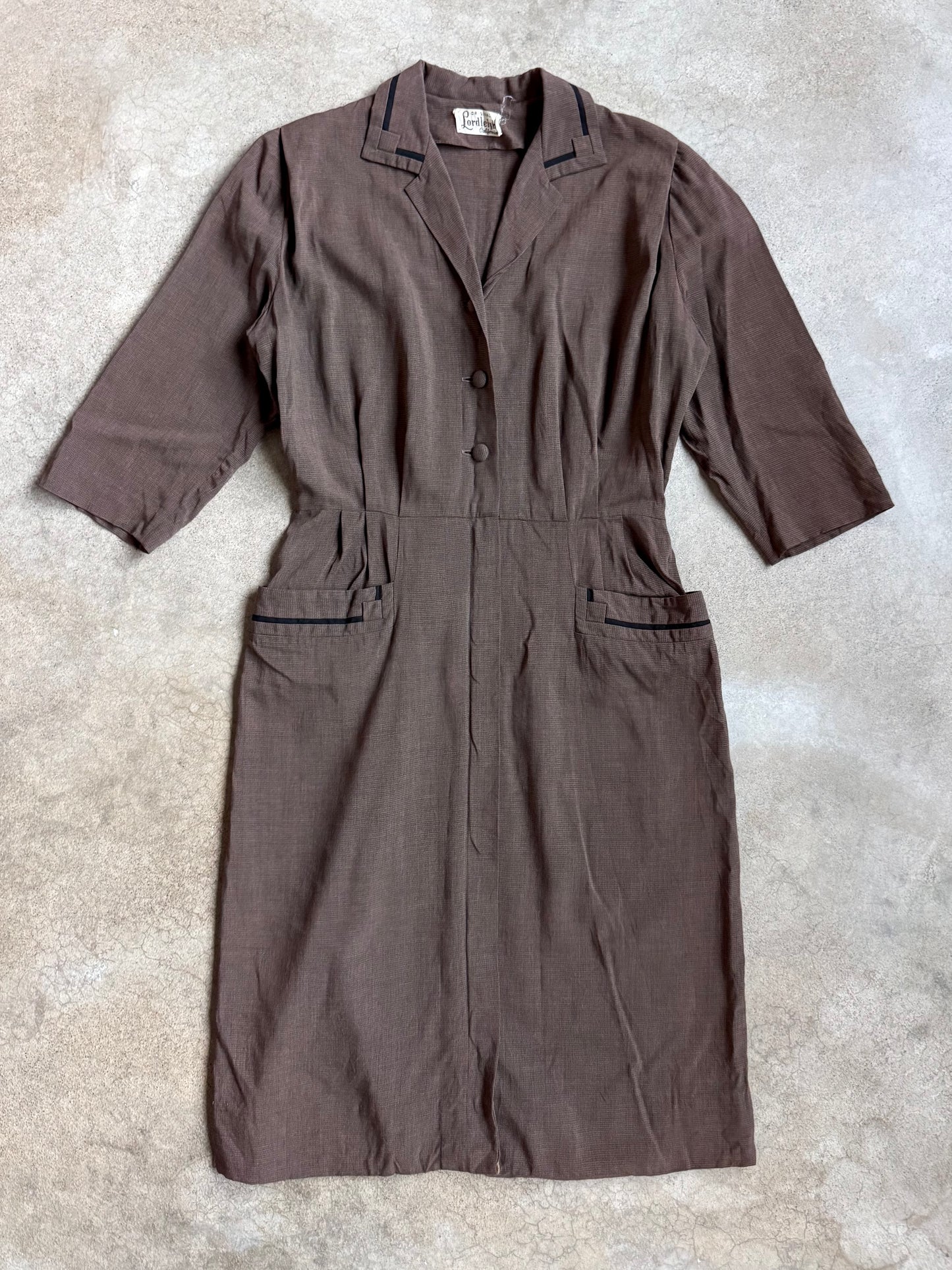 Vintage 1940s Lordleigh California Brown & Black Pleated Shirtwaist Dress | Medium