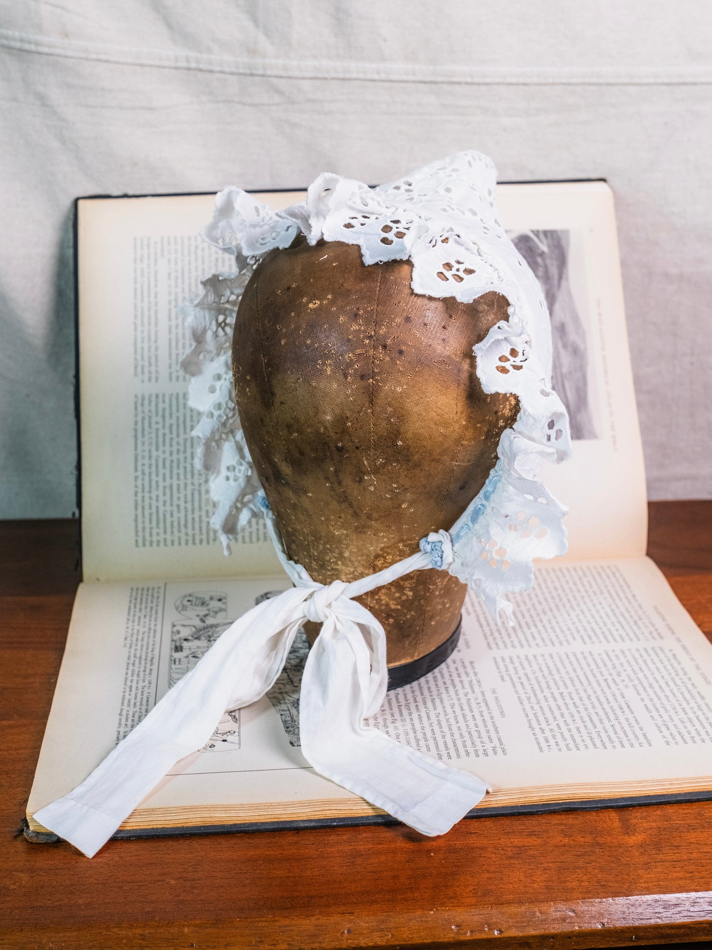 Victorian Handmade White Cotton Eyelet Bonnet