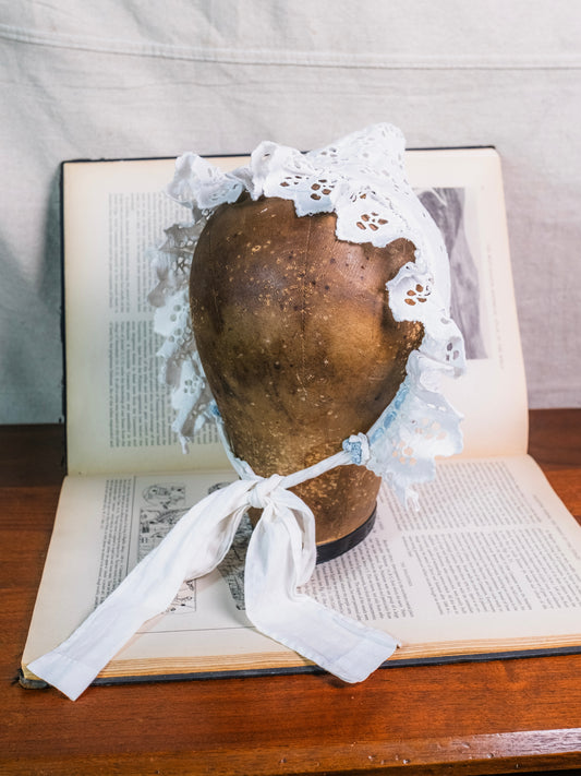 Victorian Handmade White Cotton Eyelet Bonnet