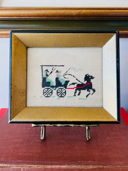 Vintage Cross Stitch Horse & Buggy Framed Art