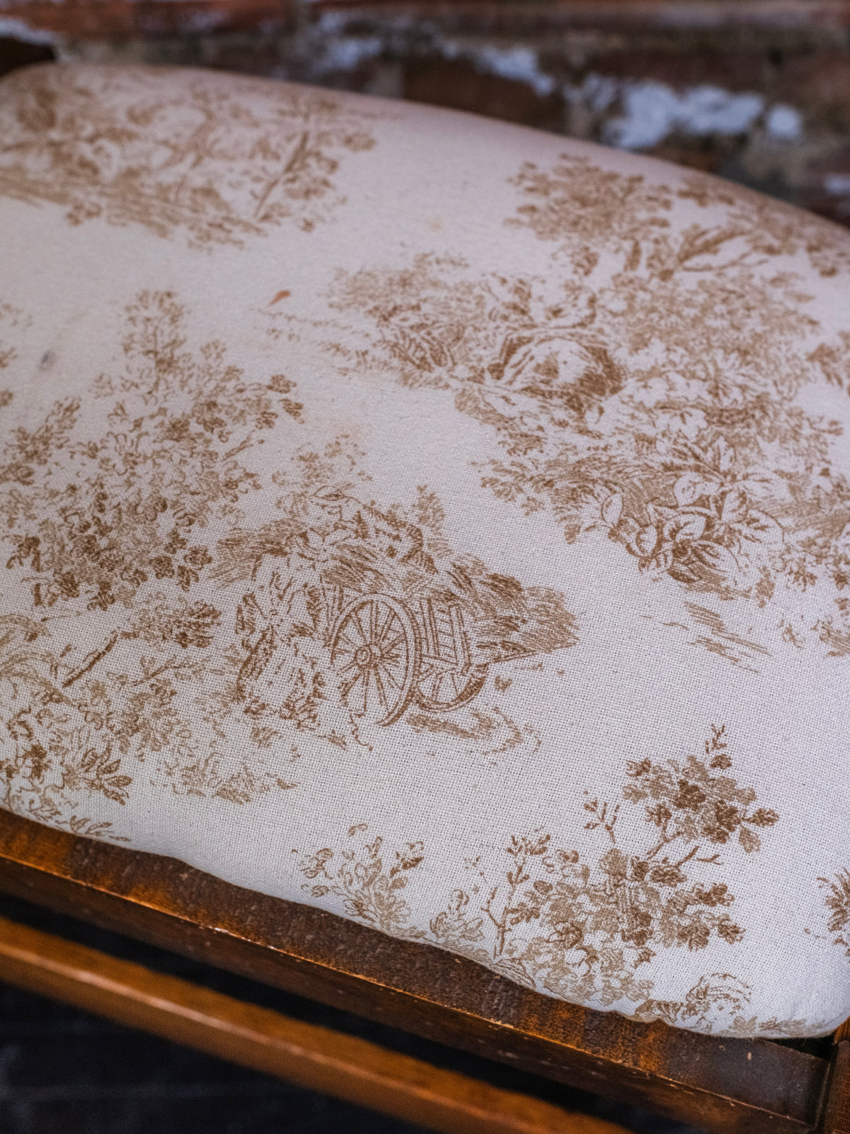 Antique Mission-Style Wood Toile Pattern Upholstered Footstool