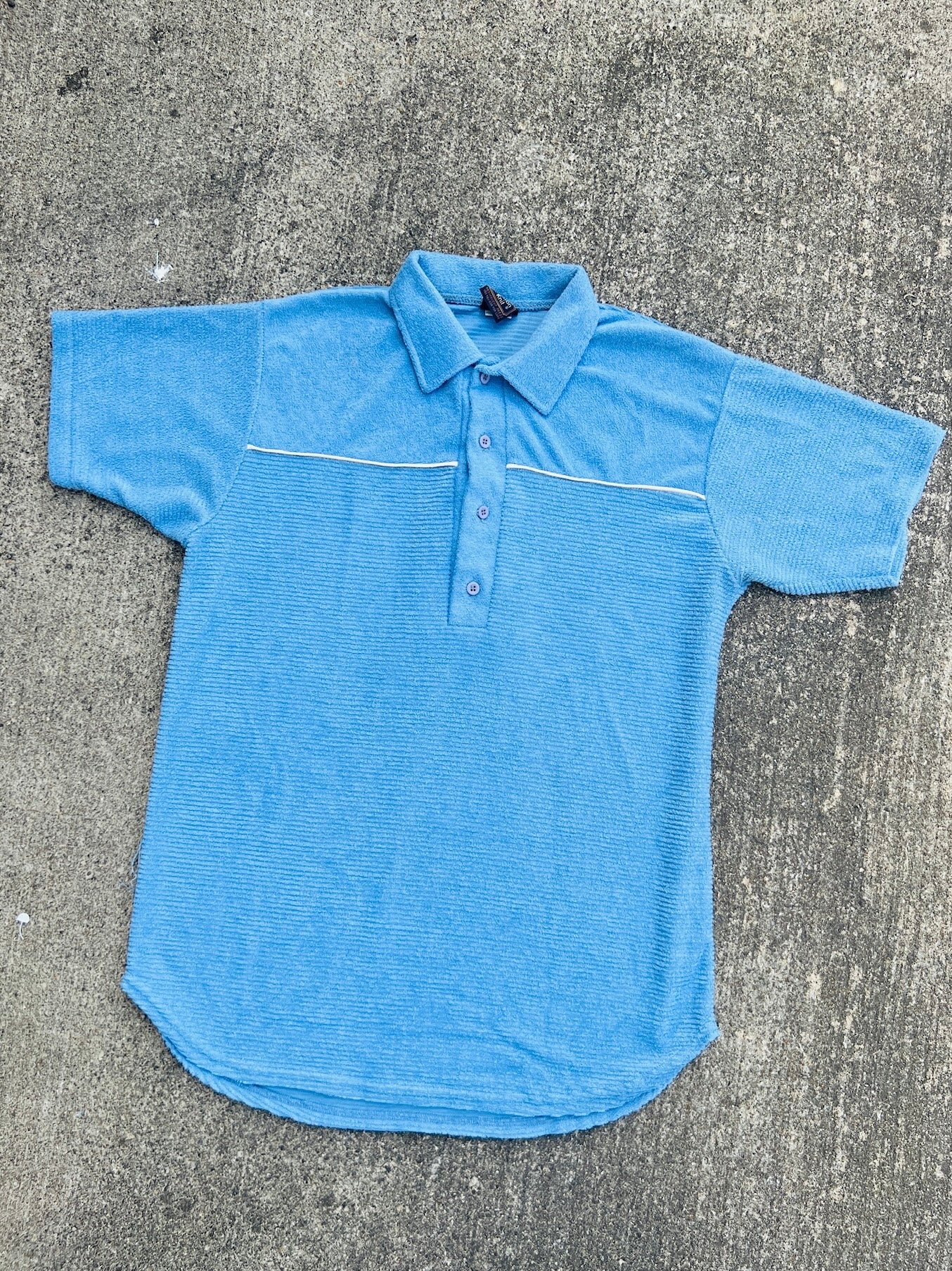 Vintage 1970s Bruxton Knit Blue Terrycloth Short Sleeve Polo