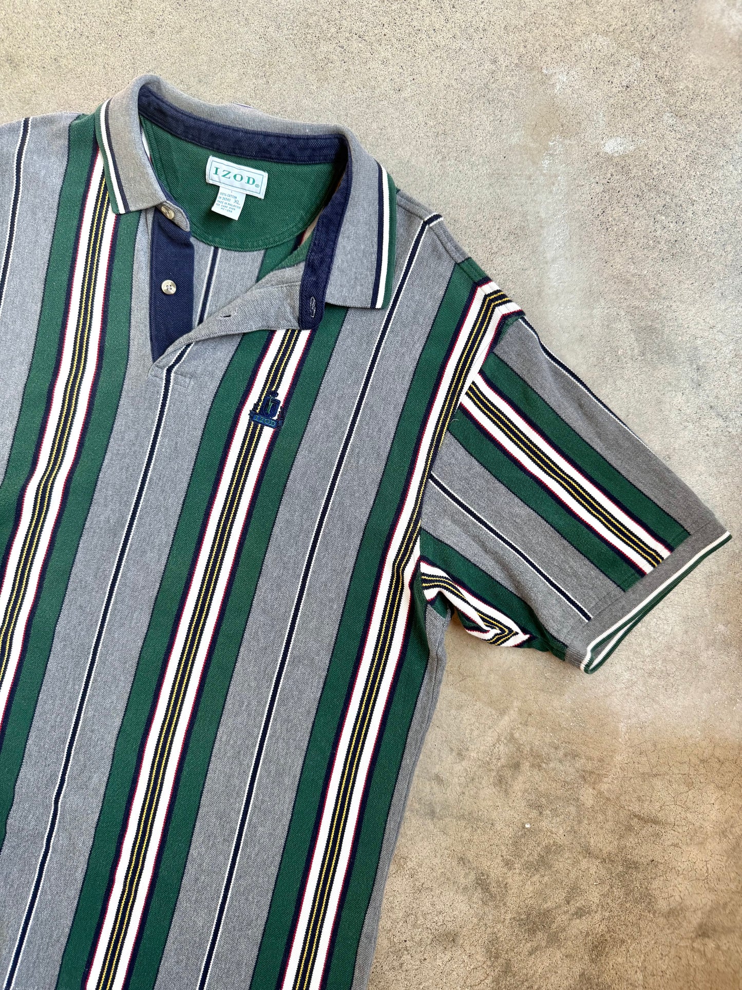 Vintage 1990s Izod Grey & Green Striped Cotton Polo Shirt | XL