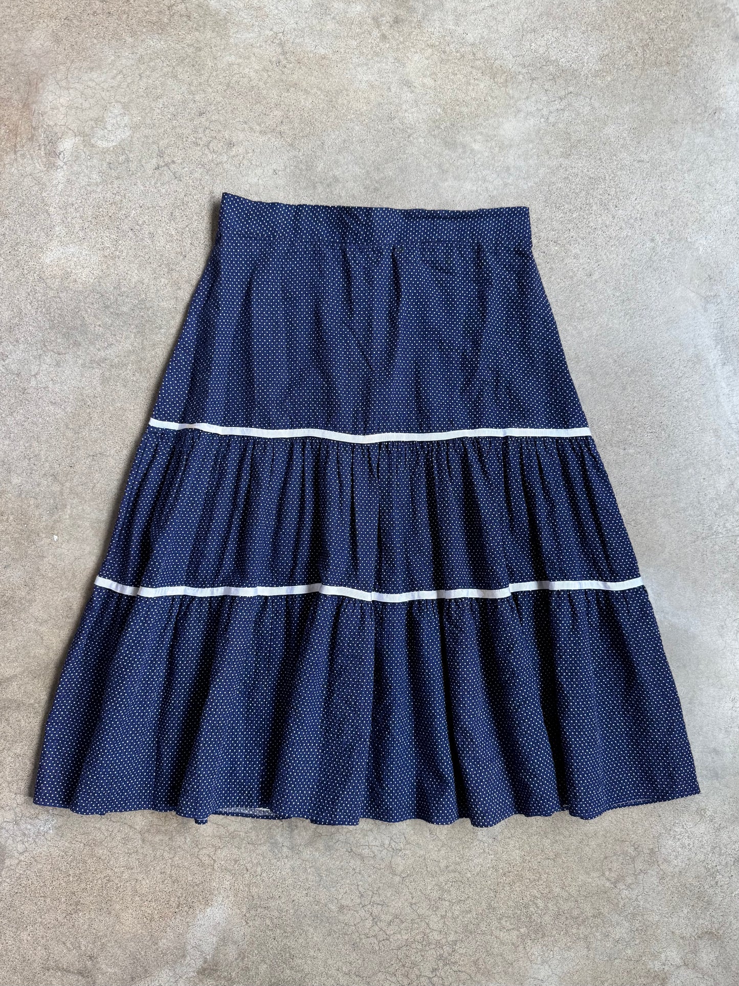 Vintage 1960s Blue & White Polka Dot Cotton Tiered Western Skirt | Waist 30”