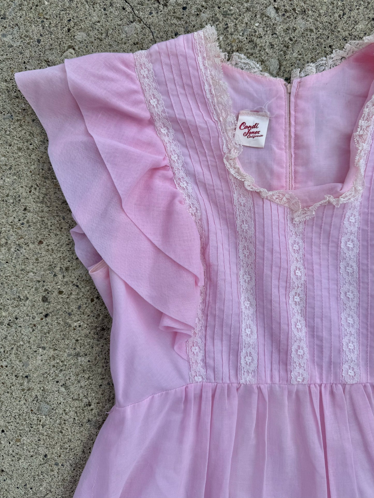 Vintage 1970s Candi Jones California Baby Pink Lace Frilled Babydoll Dress | Medium