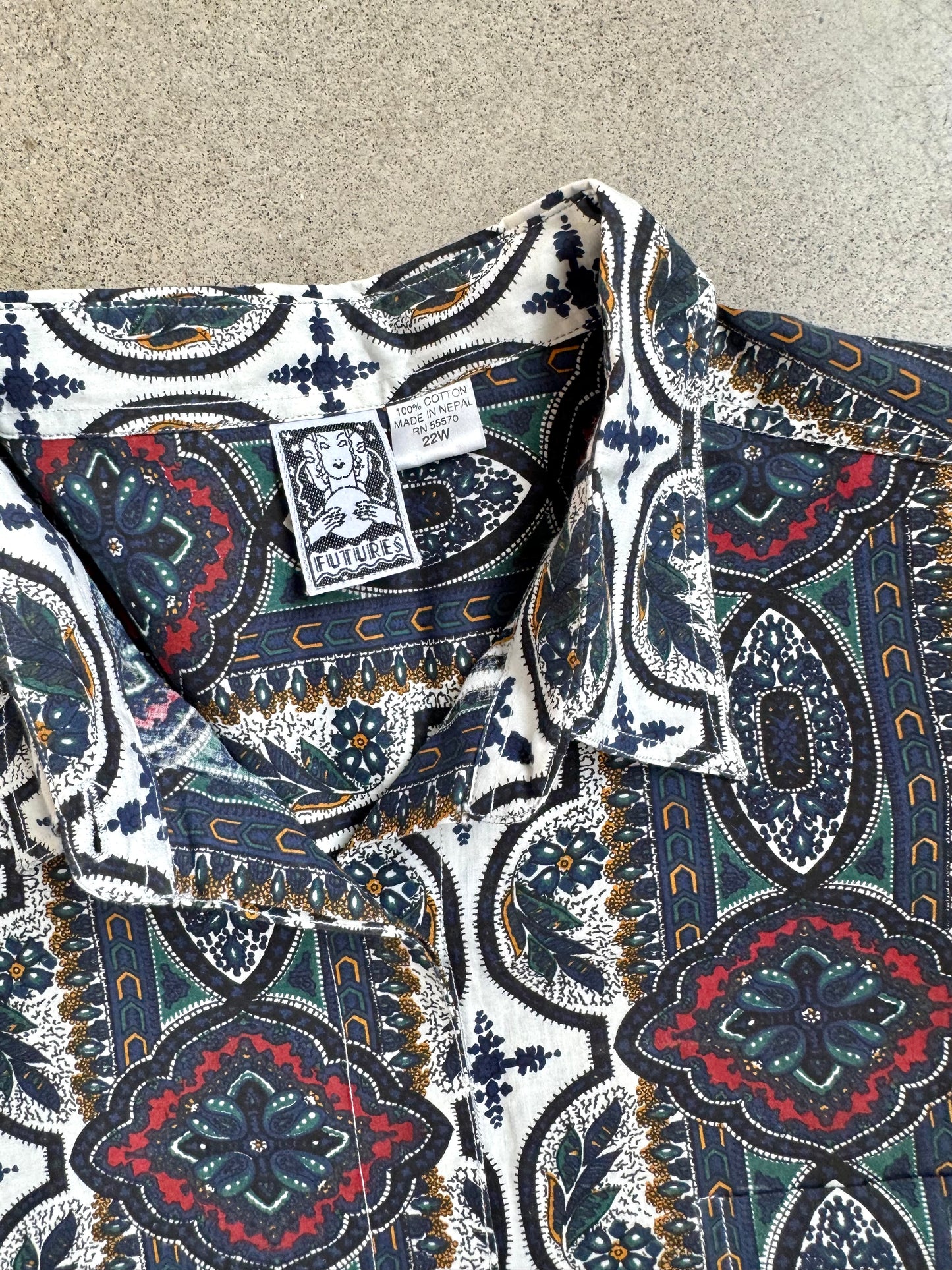 Vintage 1990s Futures Navy Floral Medallion Print Cotton Button-Up Shirt | 3XL